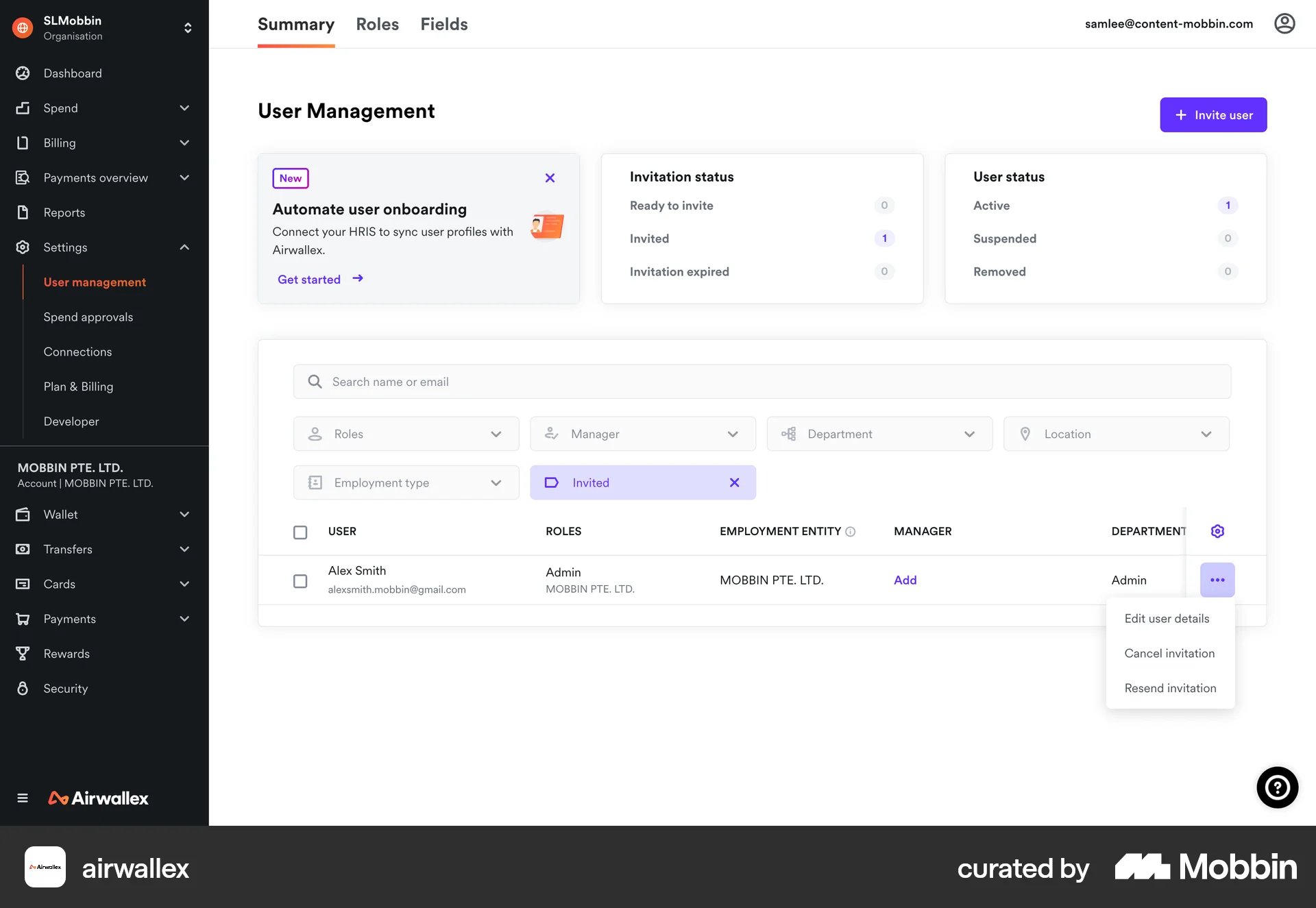Airwallex Web Admin UI screen