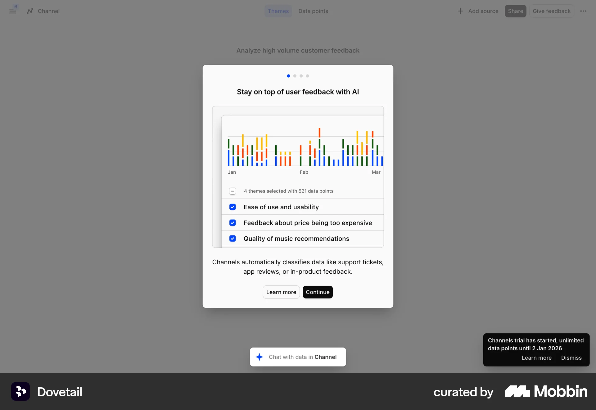 Dovetail Web screen containing Modal UI UI element