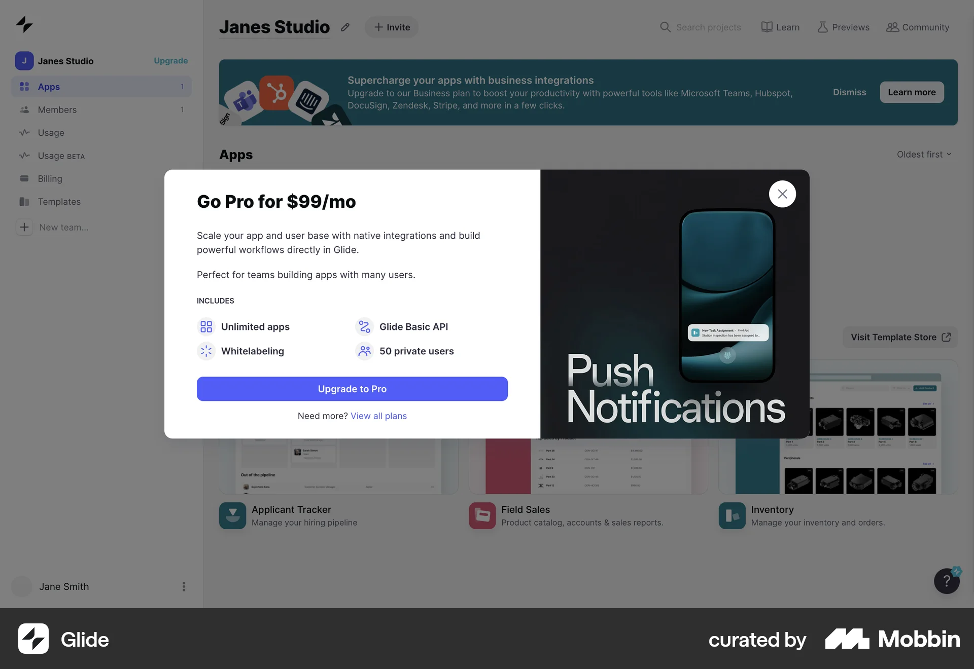 Glide Web Feature Info screen