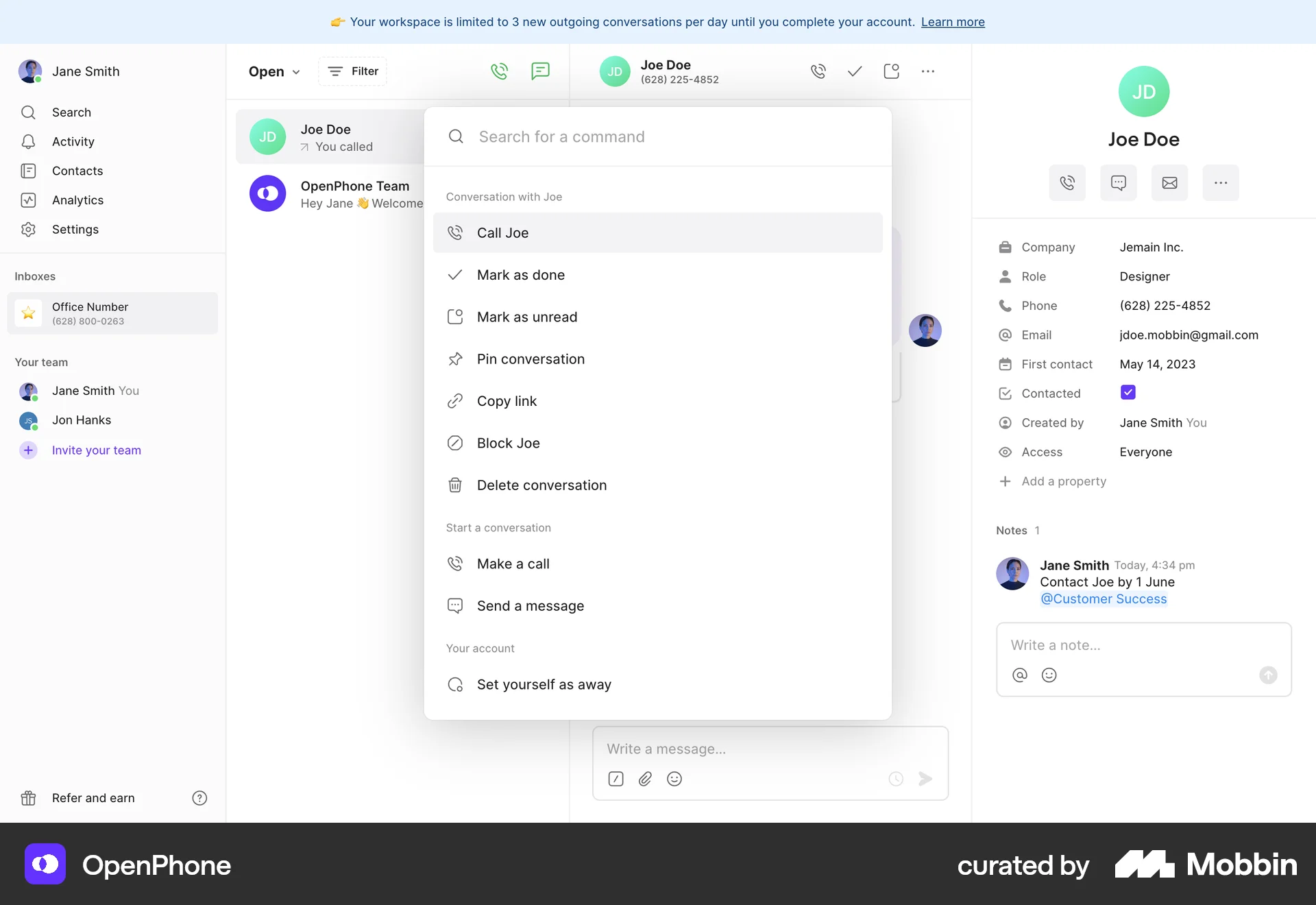 OpenPhone Web Command Palette screen