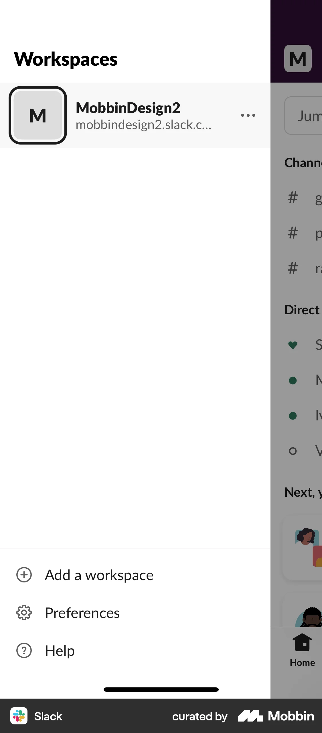 Slack iOS screen containing Side Navigation UI element
