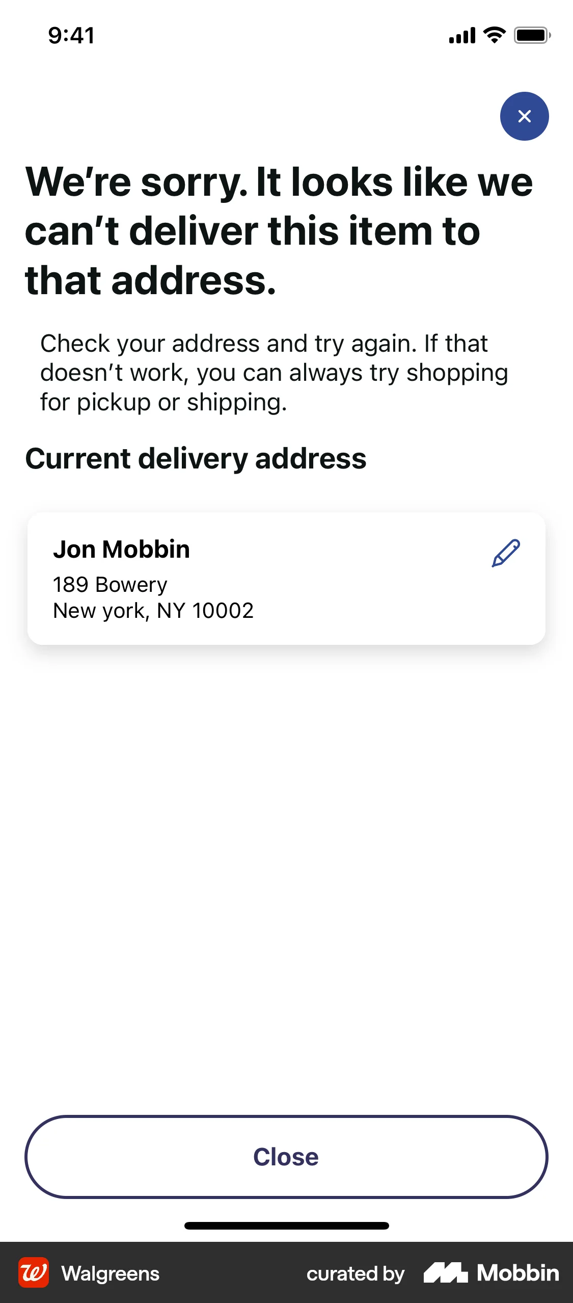 Walgreens iOS Location & Address screen