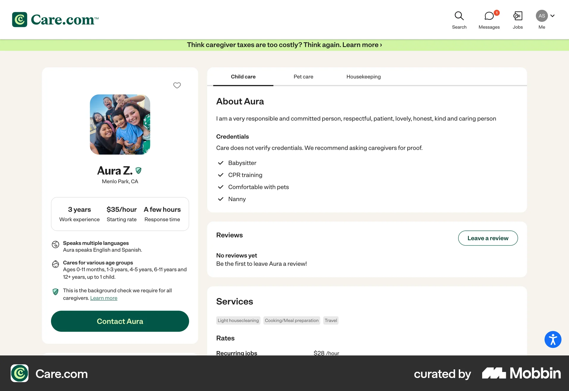 Care.com Web Dashboard screen