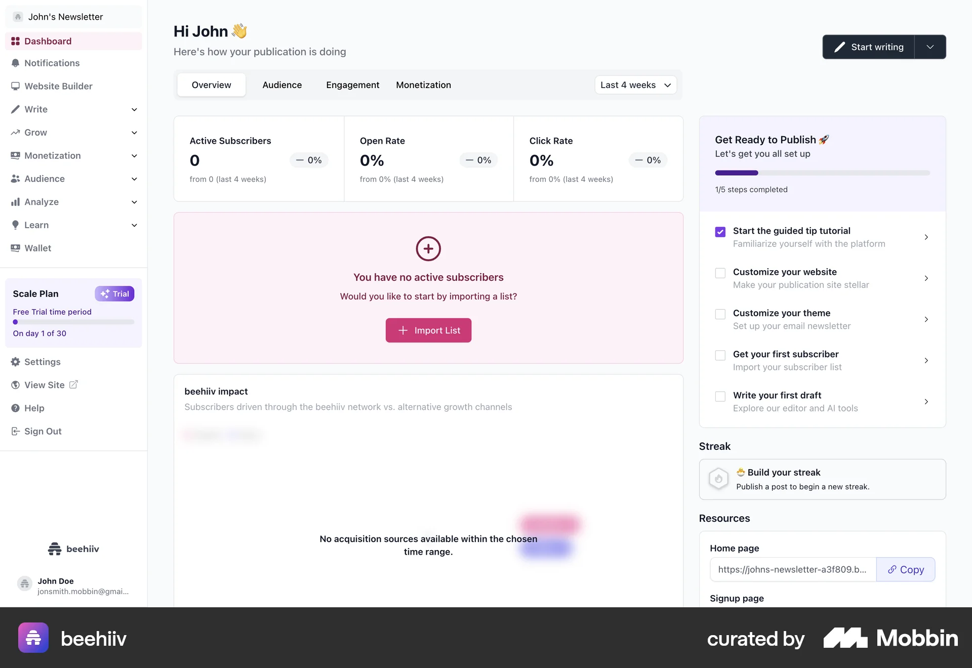 beehiiv Web Home screen