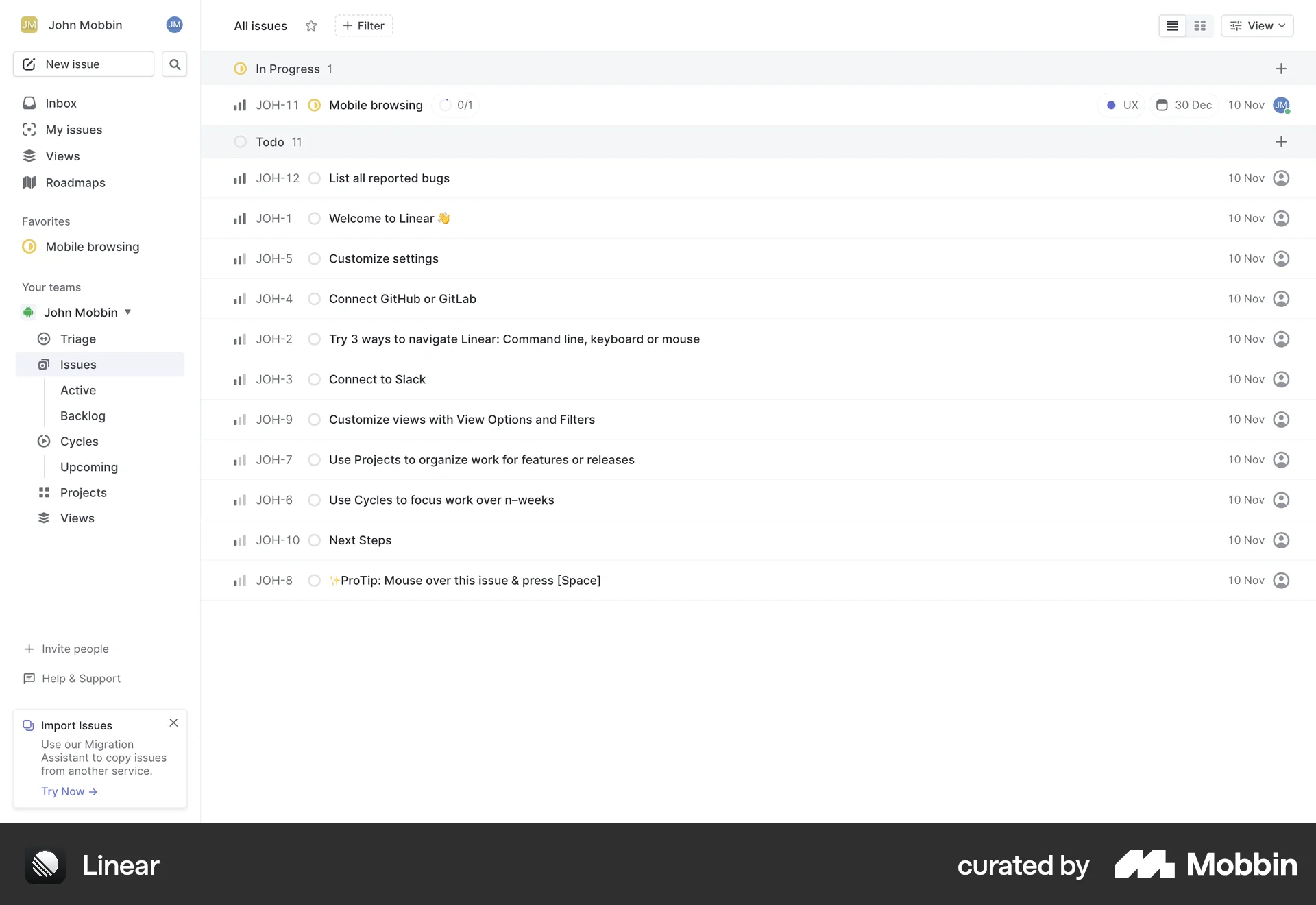 Linear Web screen containing Side Navigation UI element