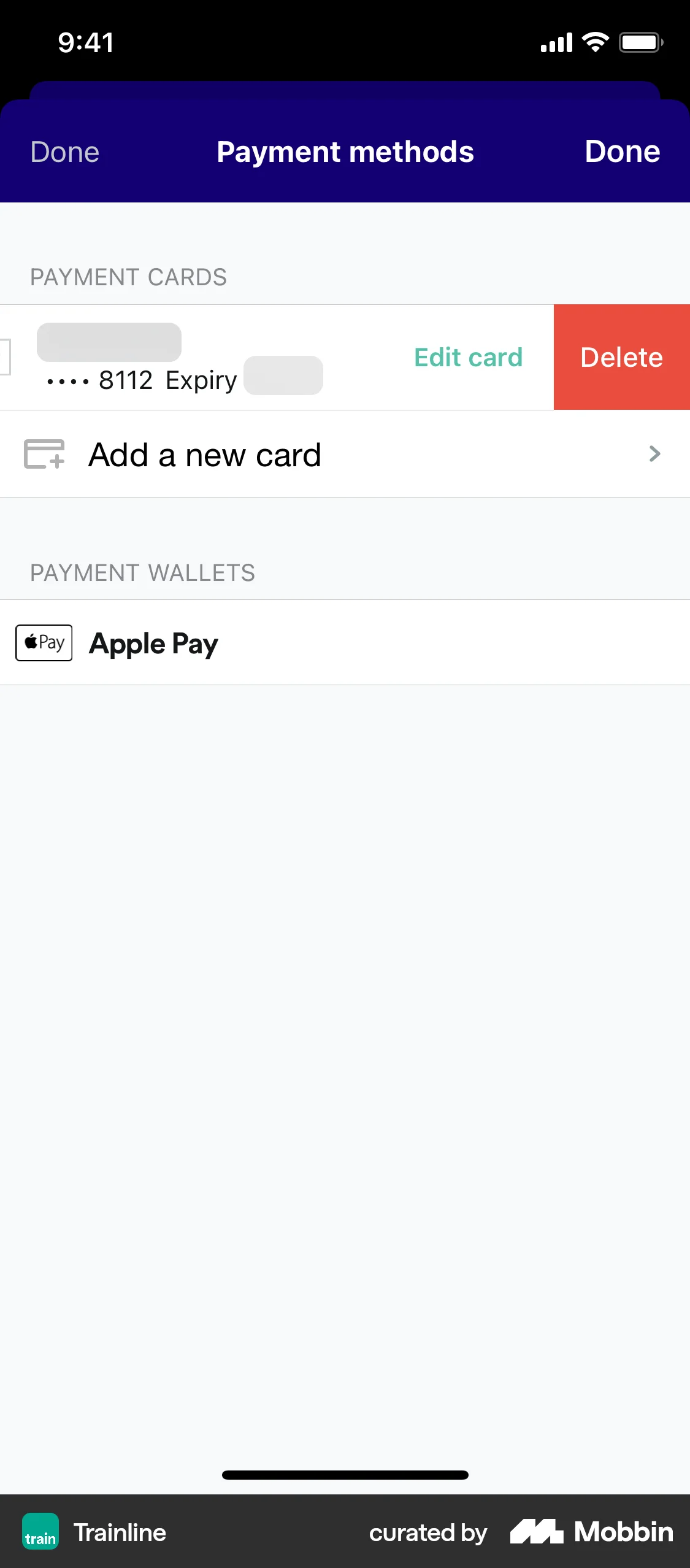 Trainline iOS Action Option screen