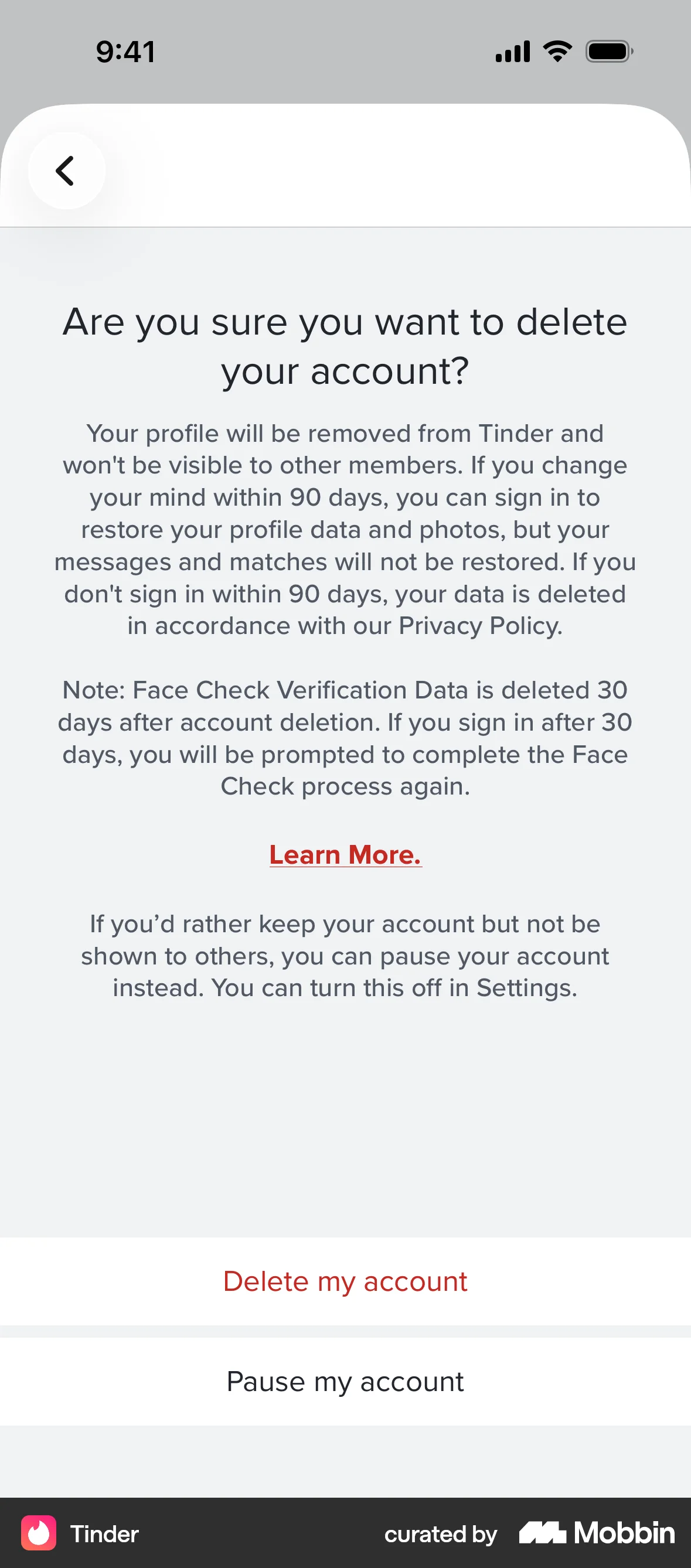 Tinder iOS Confirmation screen