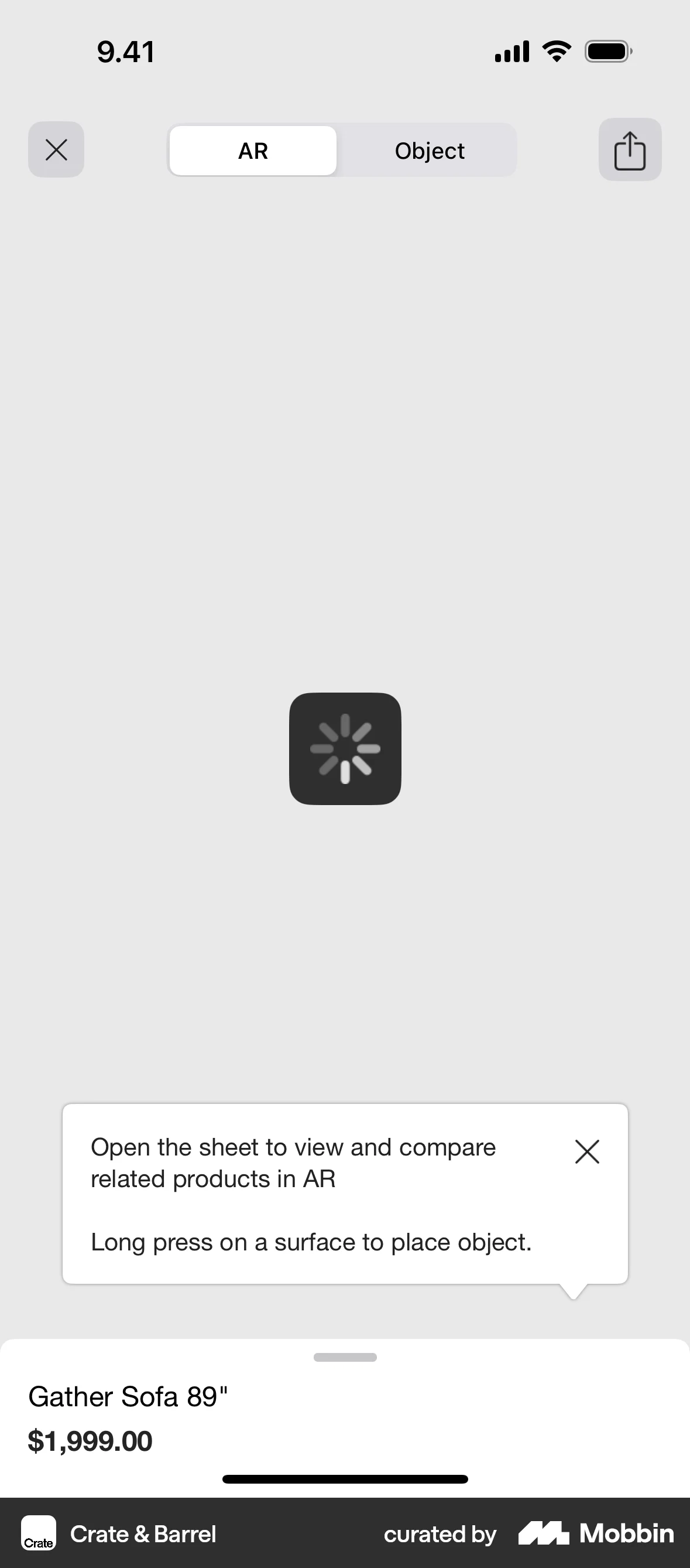 Crate & Barrel iOS screen containing Coach Marks UI element