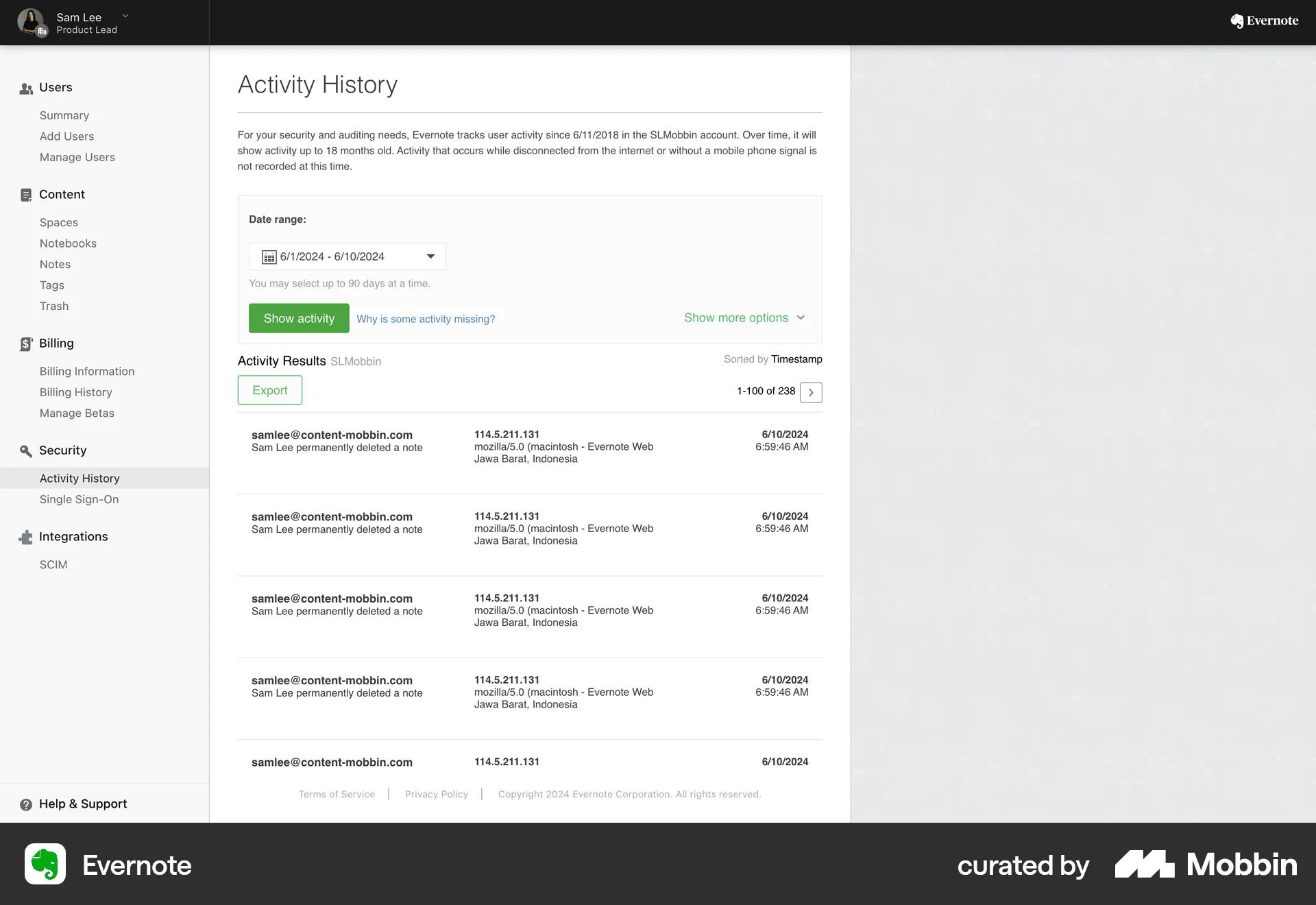 Evernote Web Import & Export screen