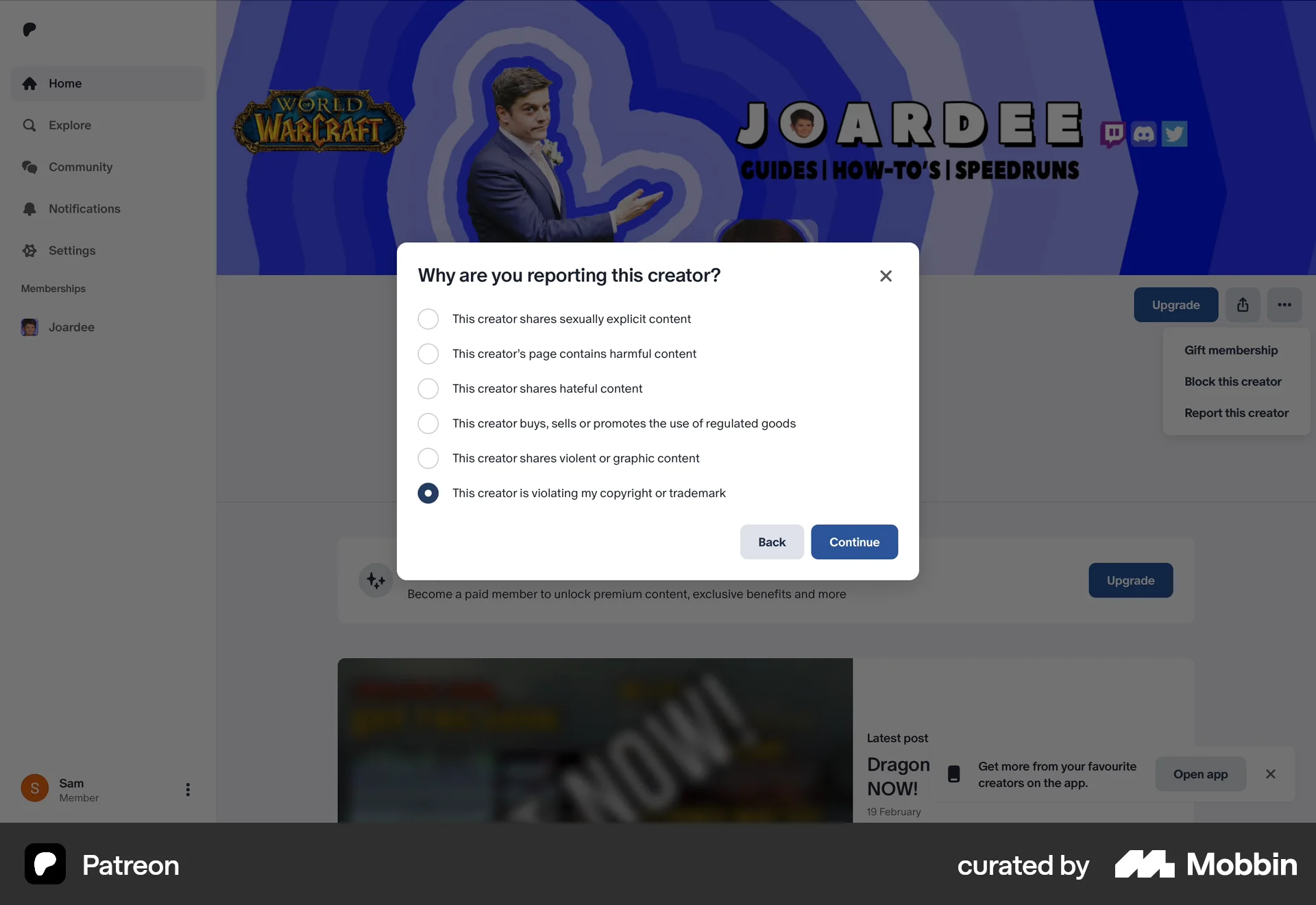 Patreon Web Flag & Report screen