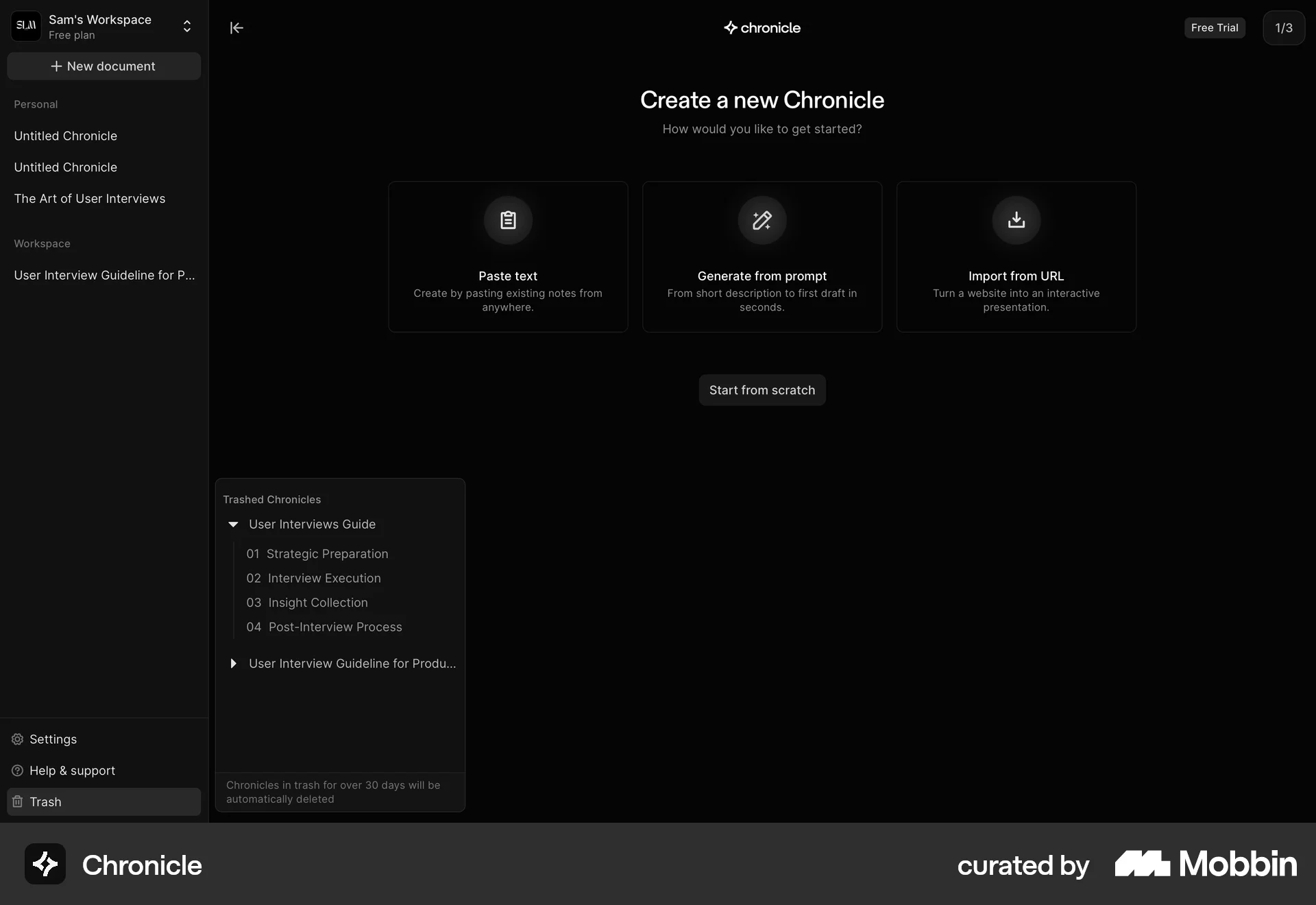 Chronicle Web Trash & Archive screen