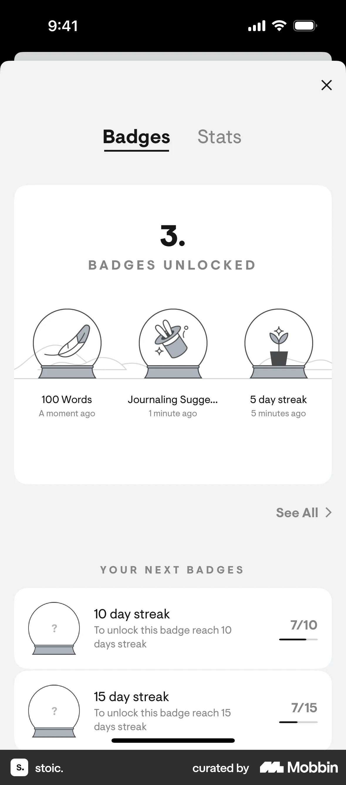 stoic. iOS Achievements & Awards screen