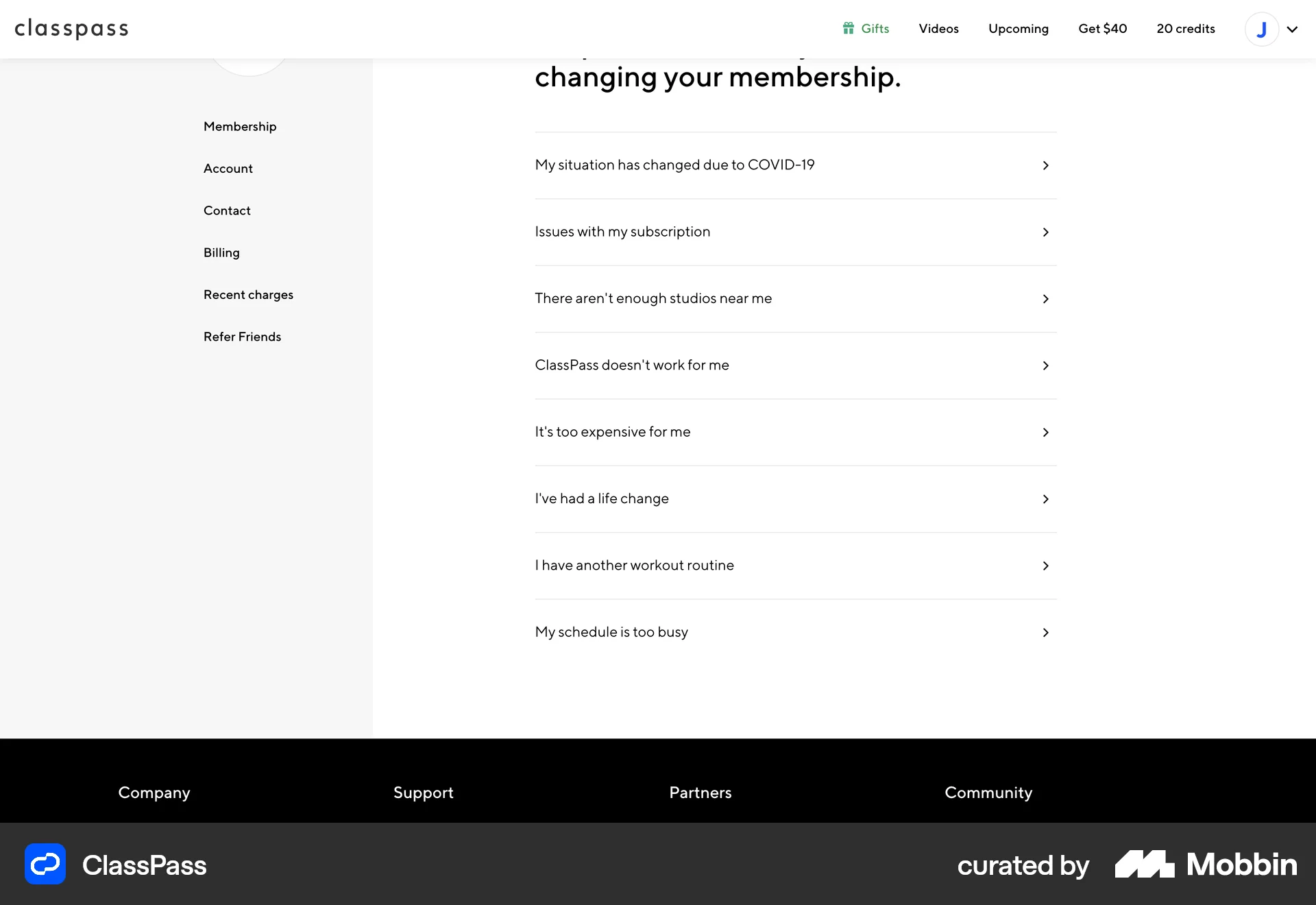 ClassPass Web Cancel screen