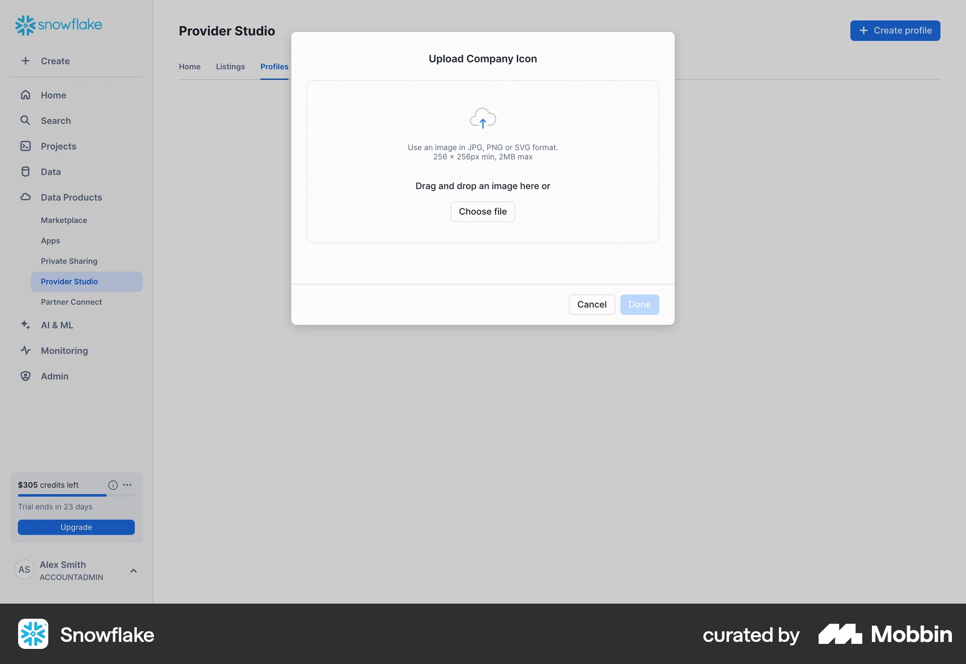 Snowflake Web Upload & Download screen