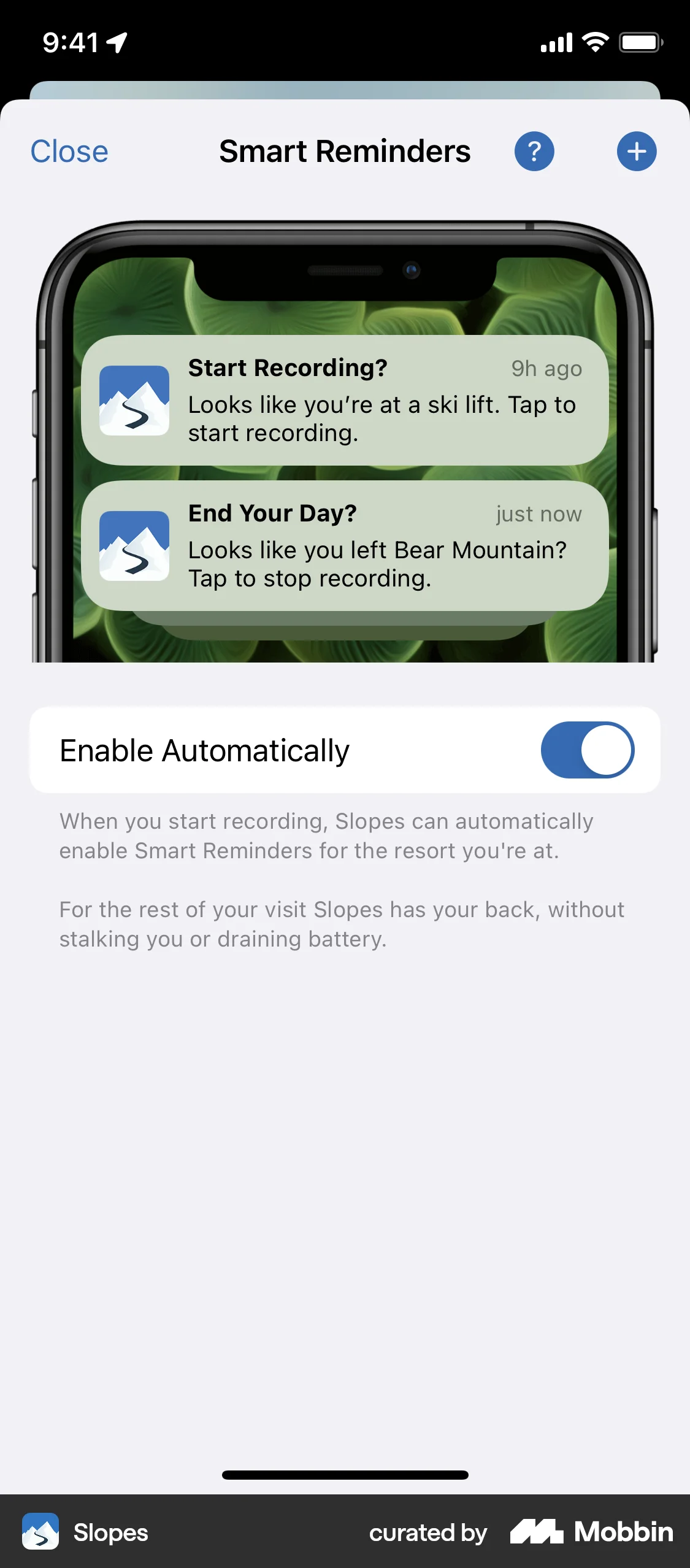 Slopes iOS Reminder screen