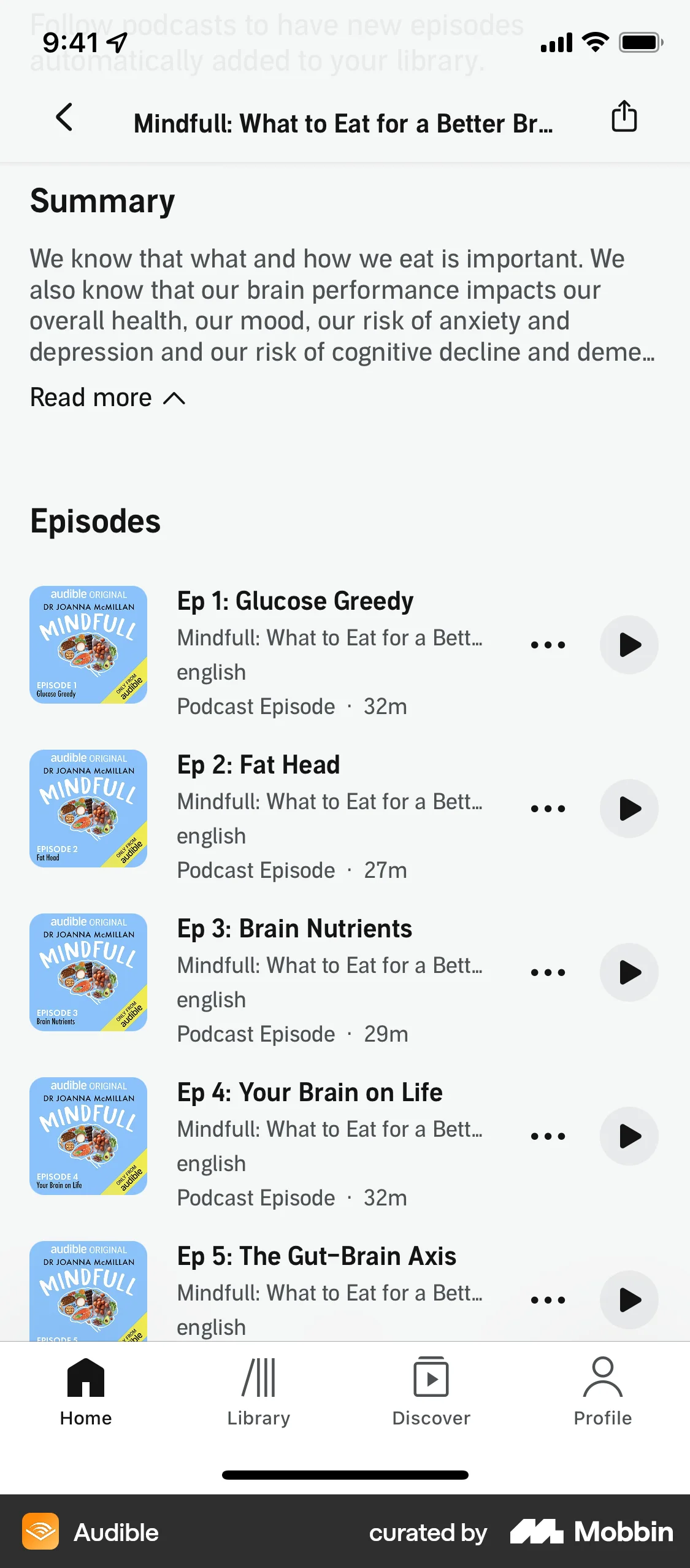 Audible iOS Song & Podcast Detail screen