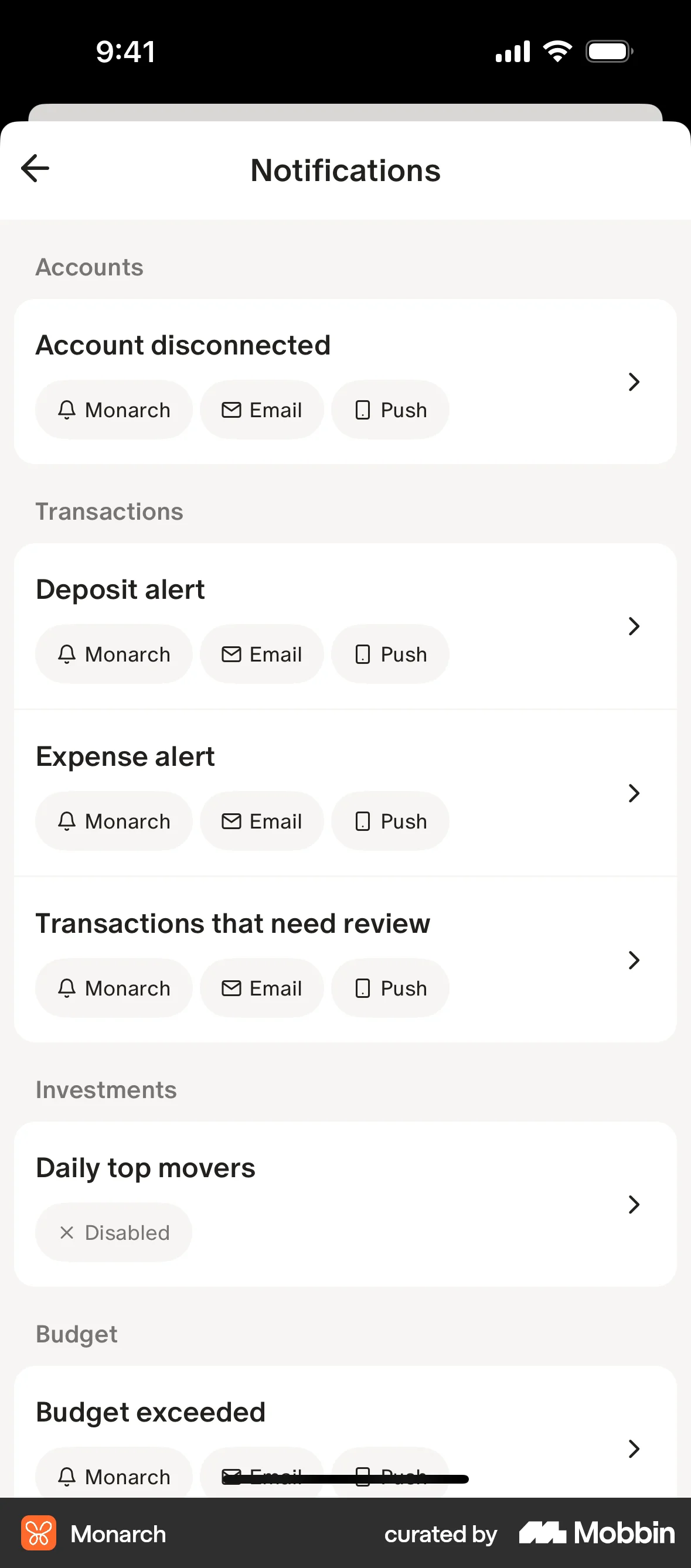 Monarch iOS screen containing Chip UI element