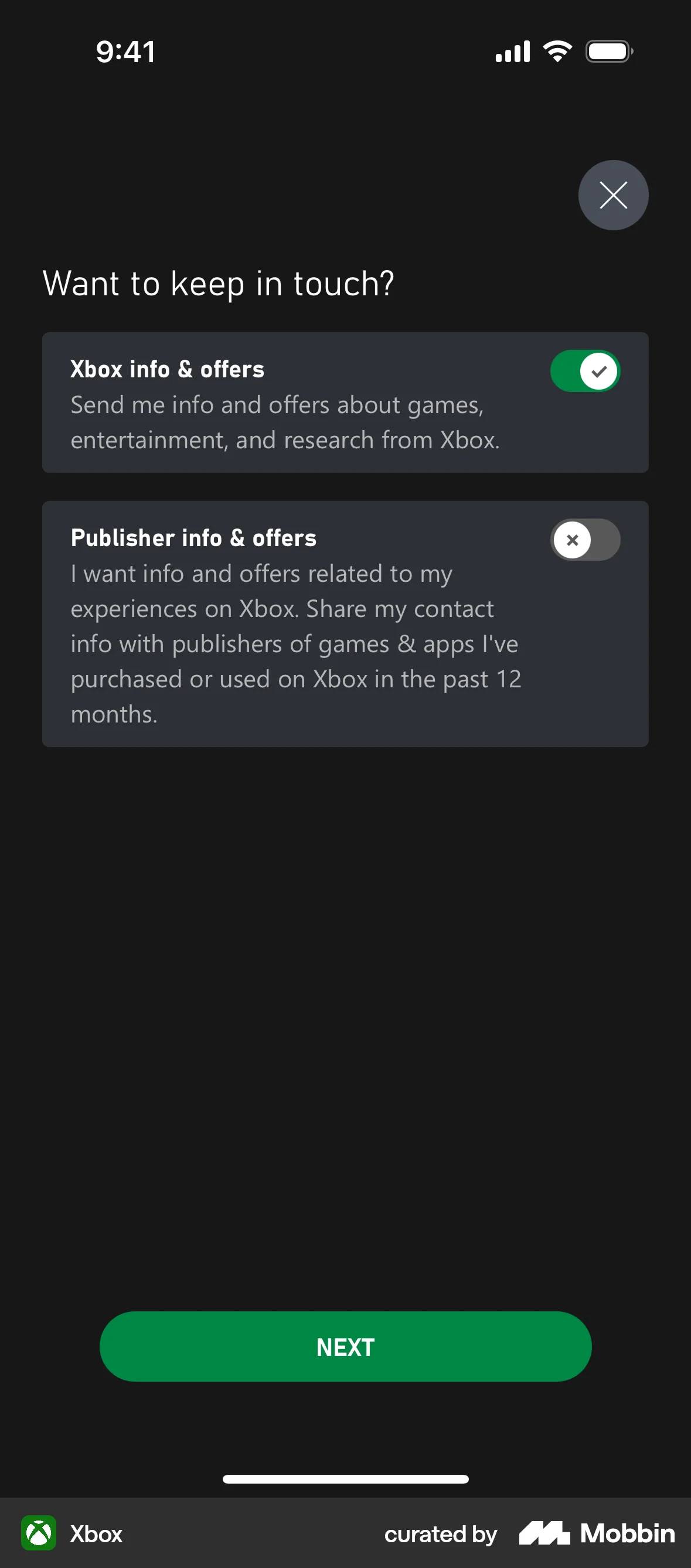 Xbox iOS Follow & Subscribe screen