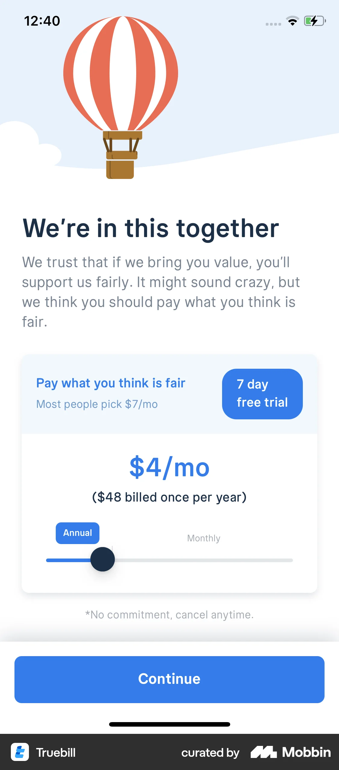 Truebill iOS screen containing Slider UI element