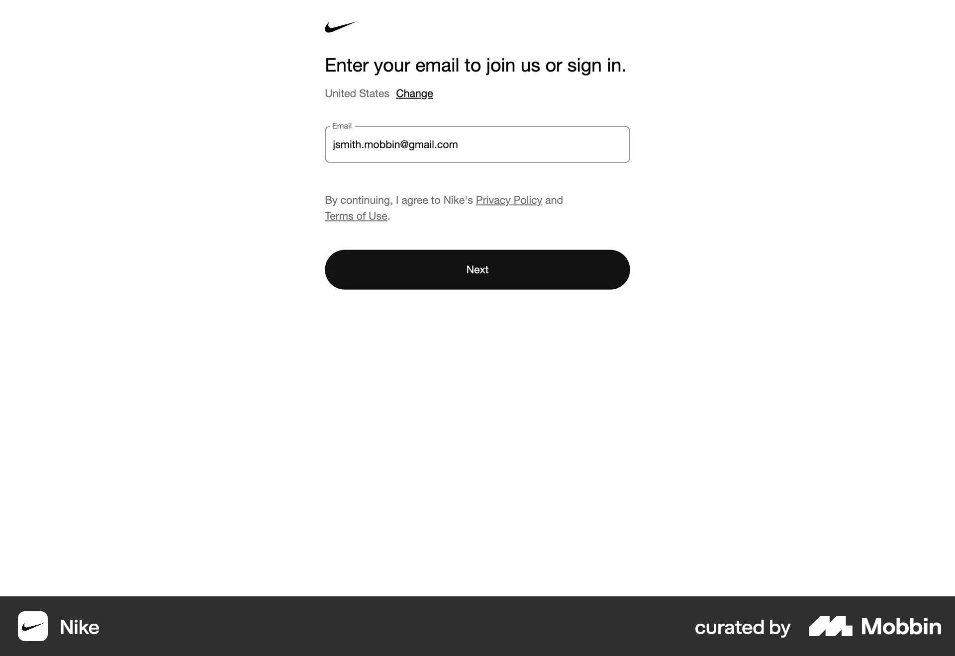 Nike Web Signup screen