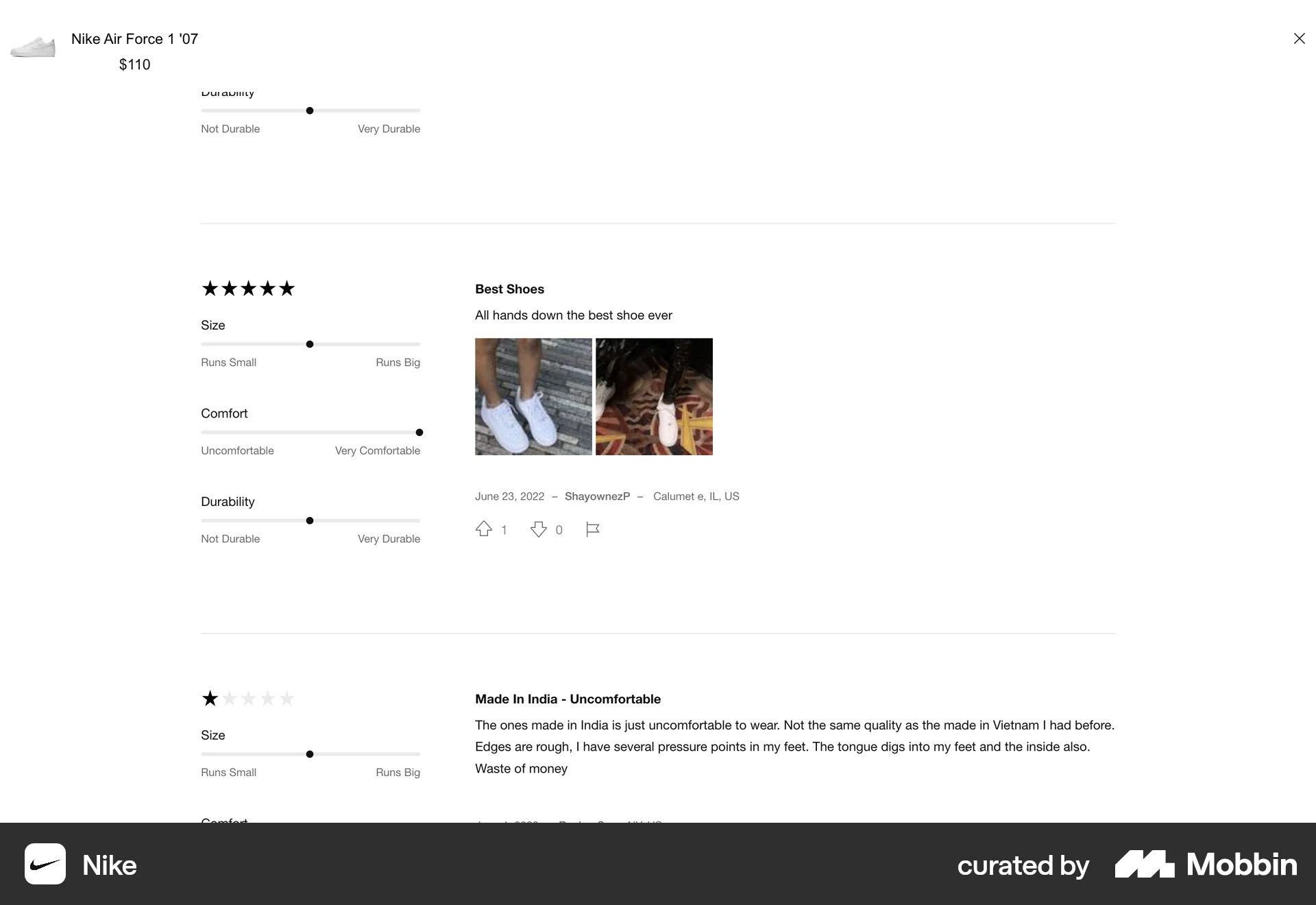 Nike Web Reviews & Ratings screen