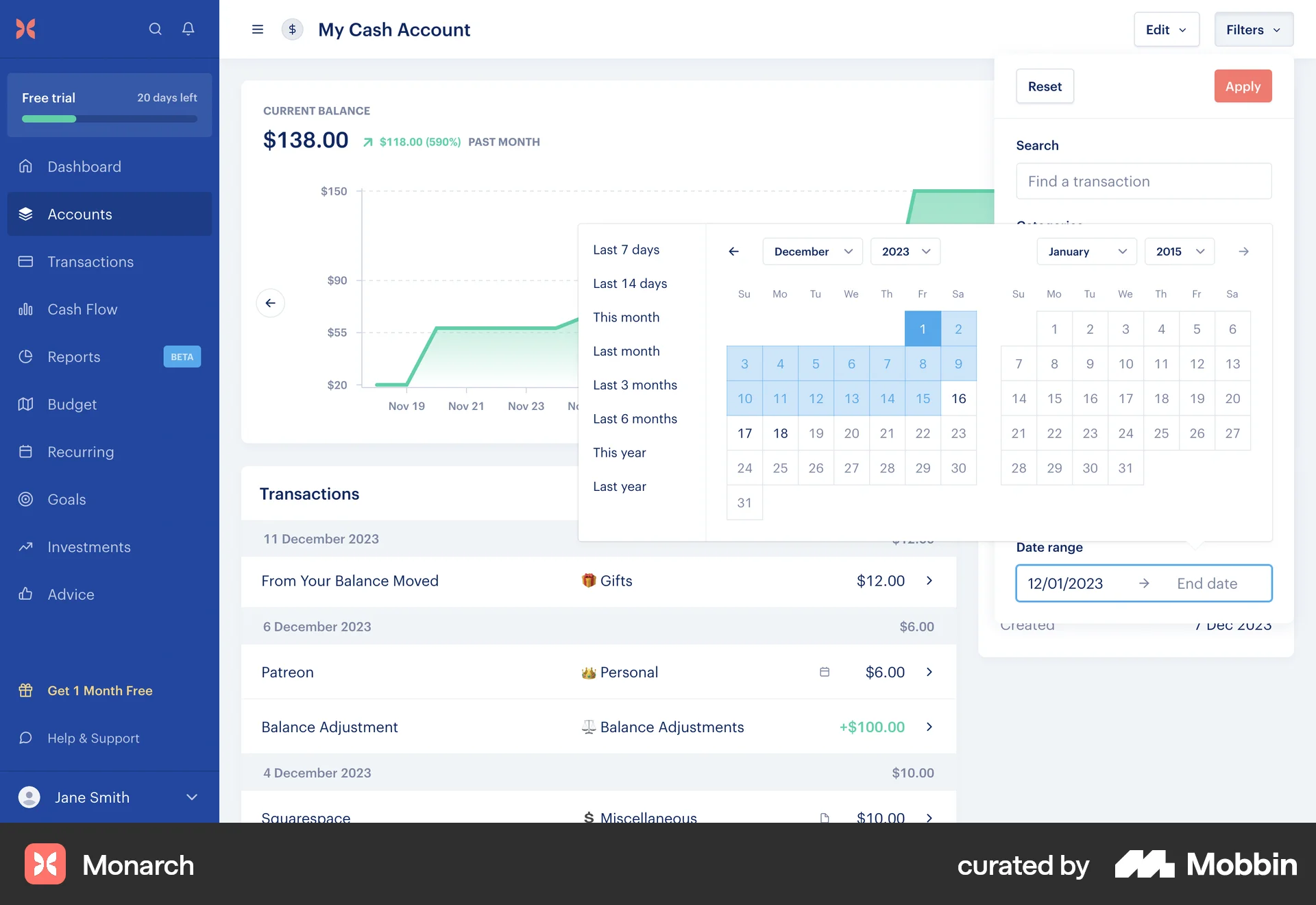 Monarch Web screen containing Date Picker UI element