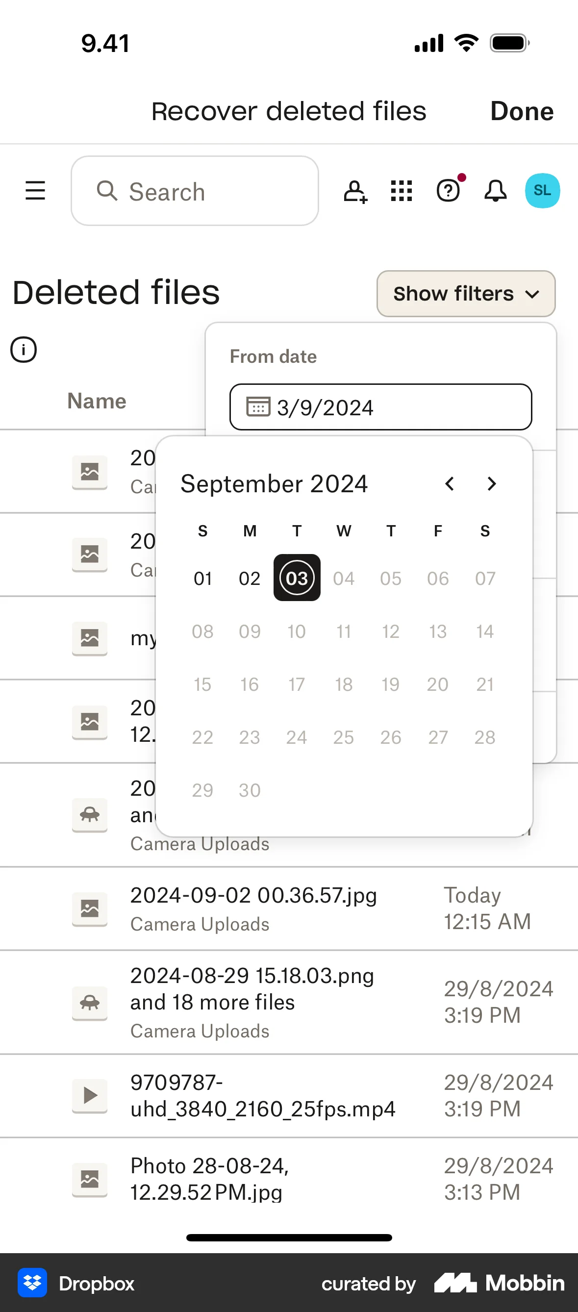 Dropbox iOS screen containing Date Picker UI element