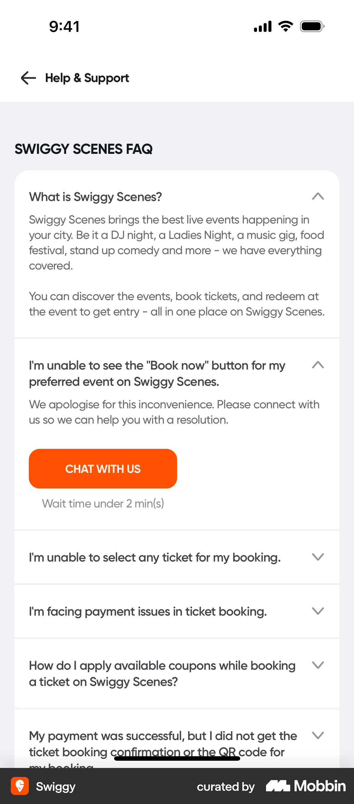 Swiggy iOS Help & Support screen