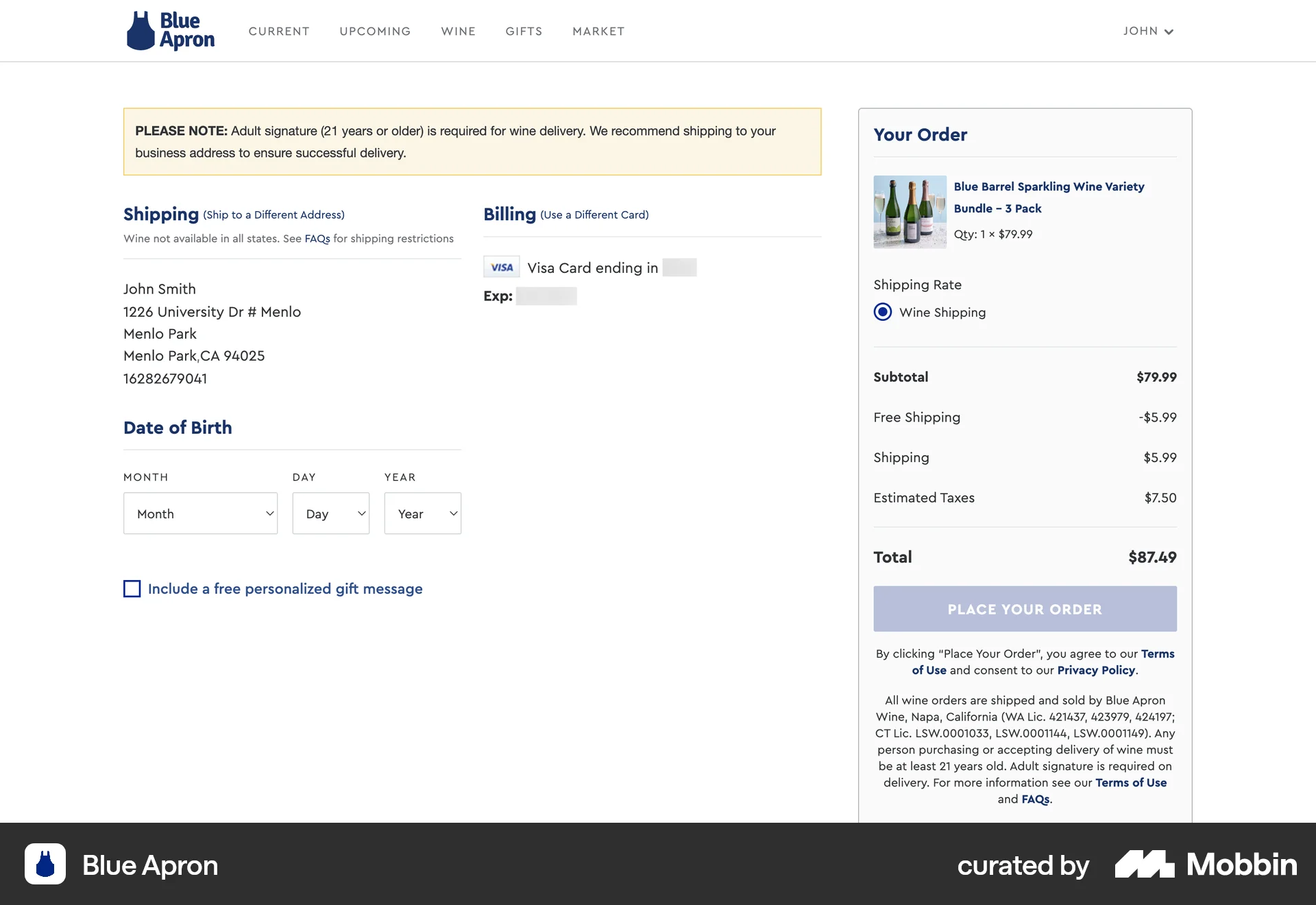 Blue Apron Web Payment Method screen