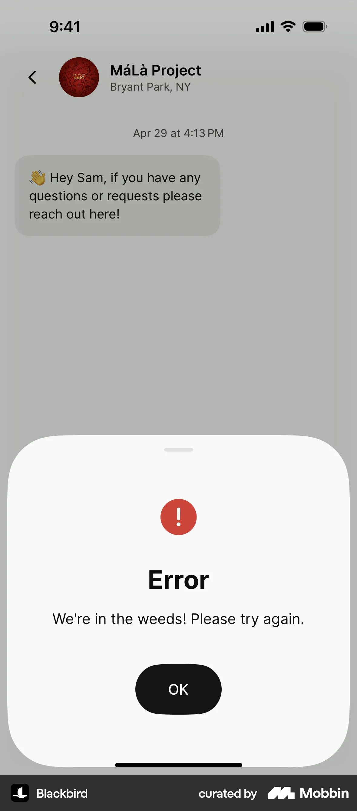 Blackbird iOS Error screen