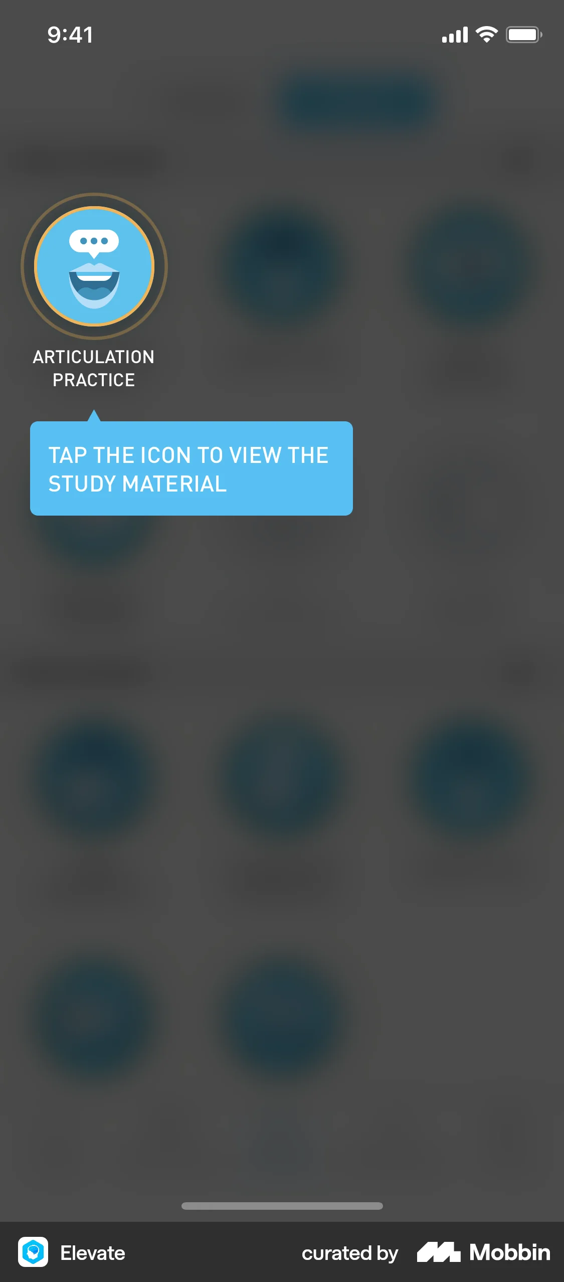Elevate iOS screen containing Coach Marks UI element