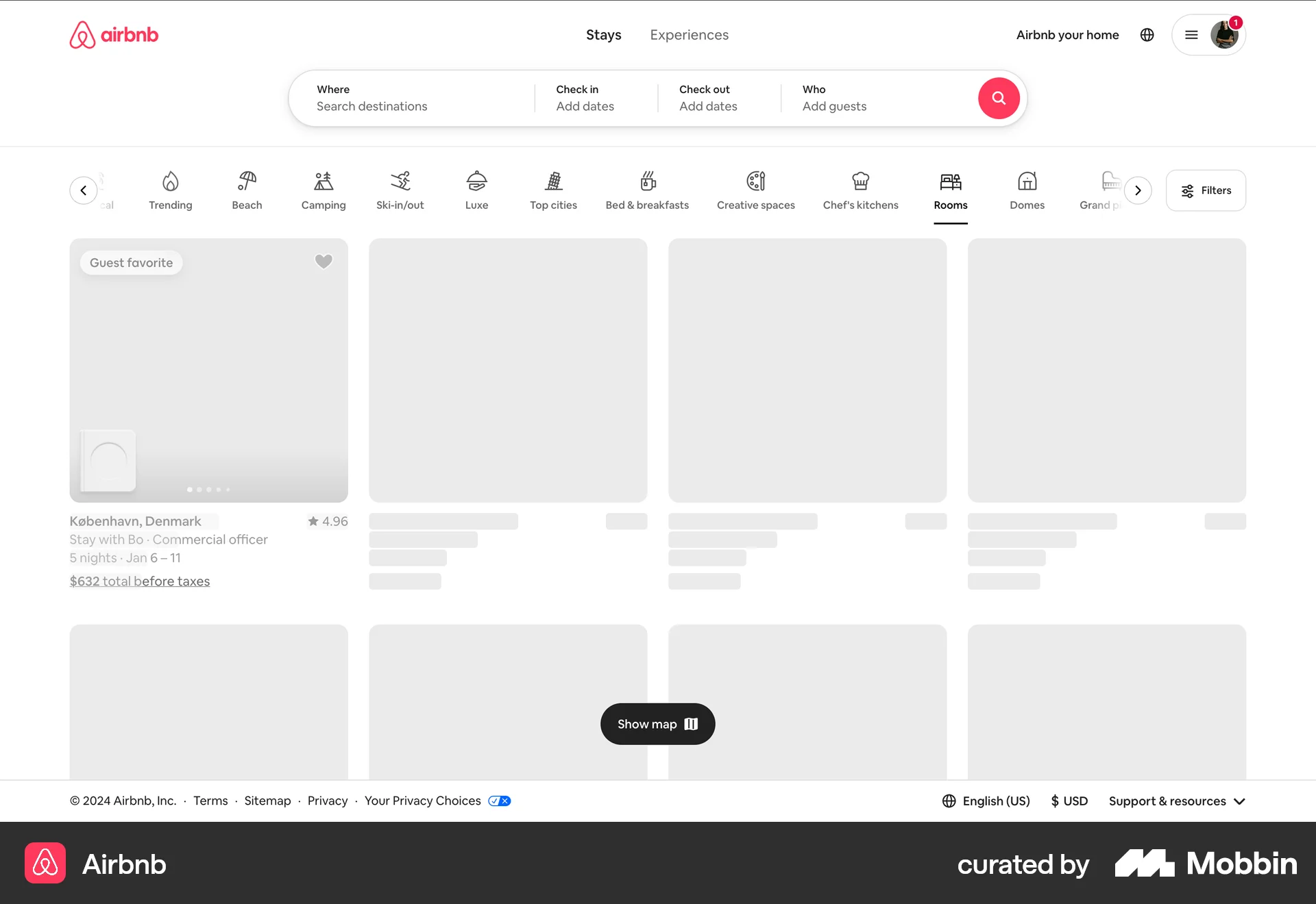 Airbnb Web screen containing Skeleton UI element