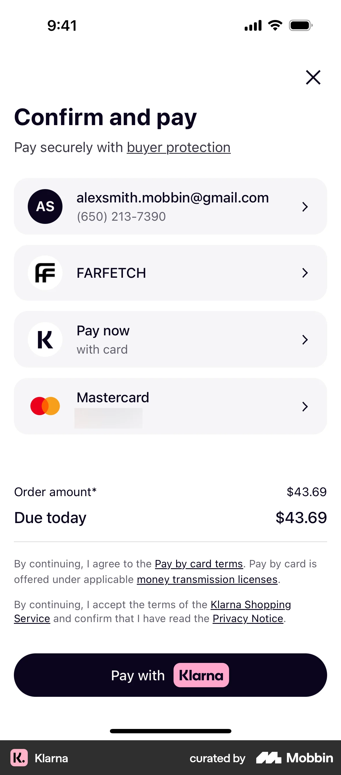 Klarna iOS Checkout screen