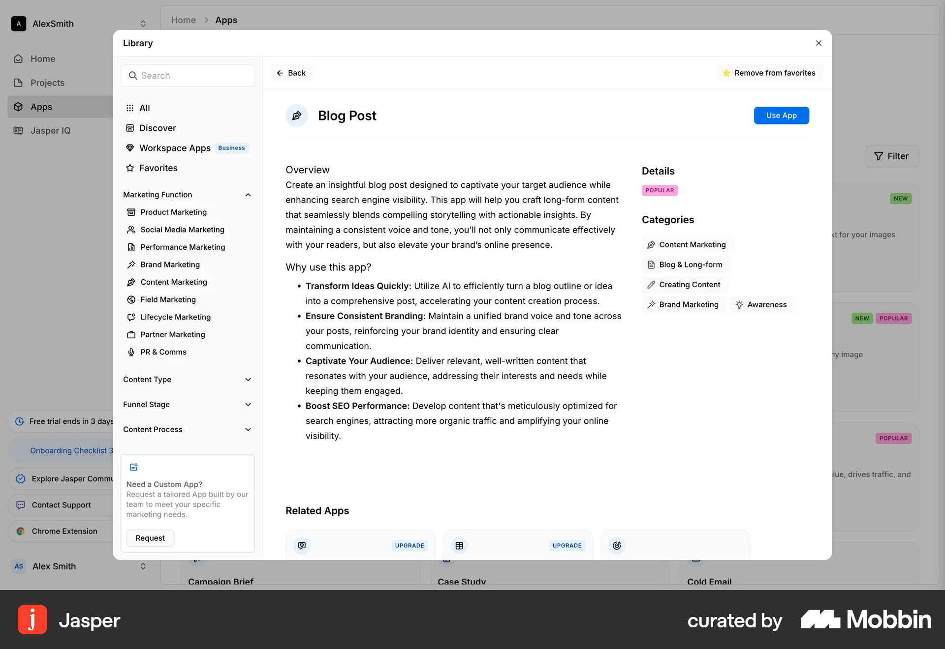 Jasper Web Favorite & Pin screen