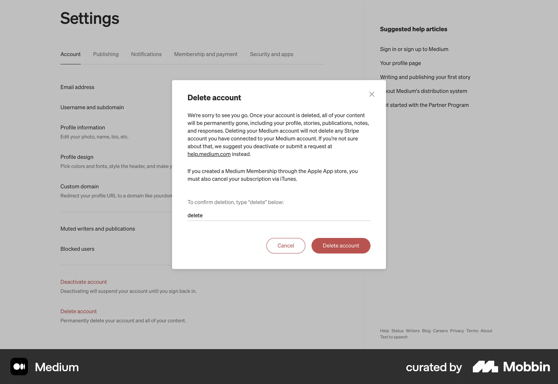 Medium Web Delete & Deactivate Account screen