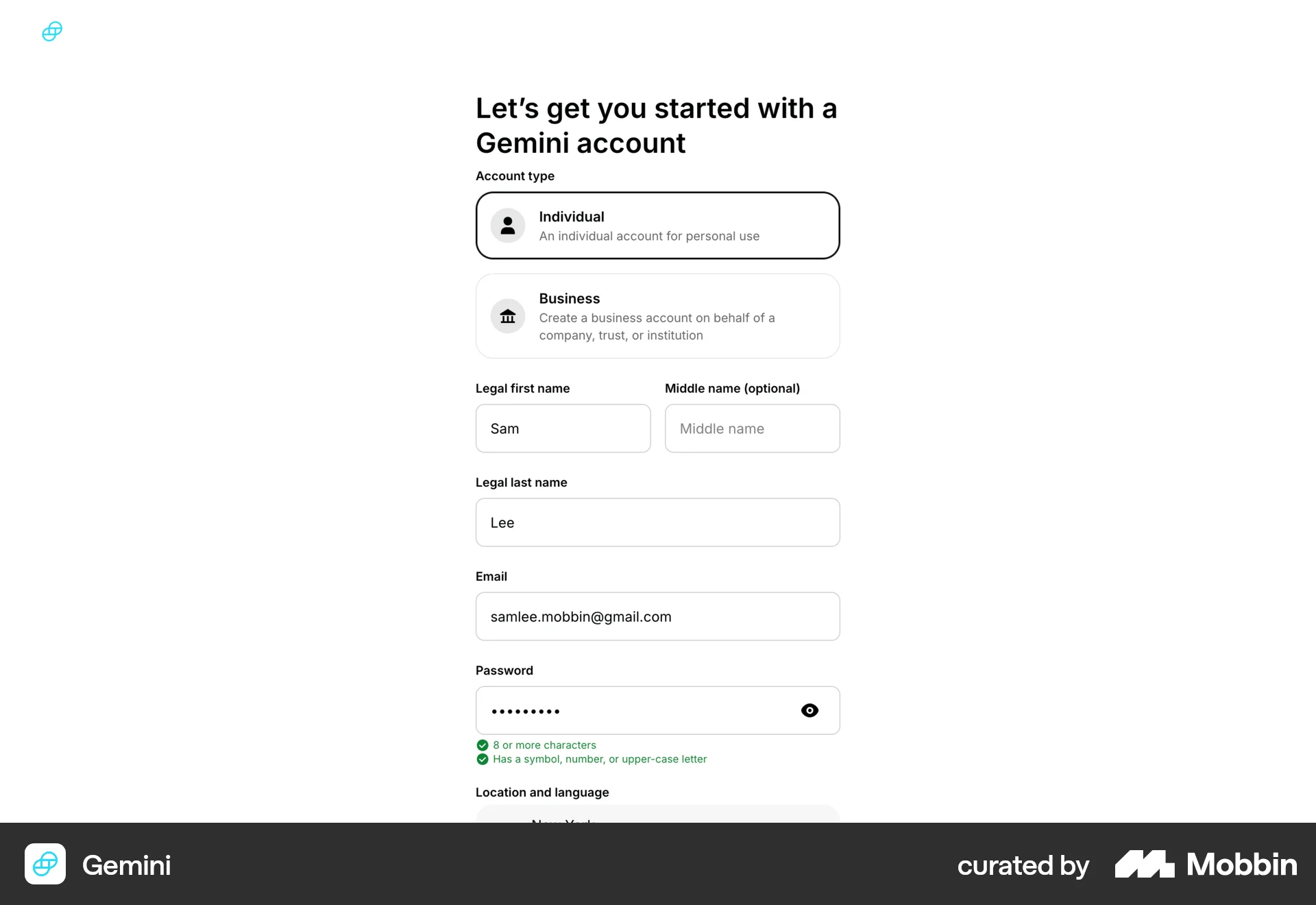 Gemini Web Signup screen