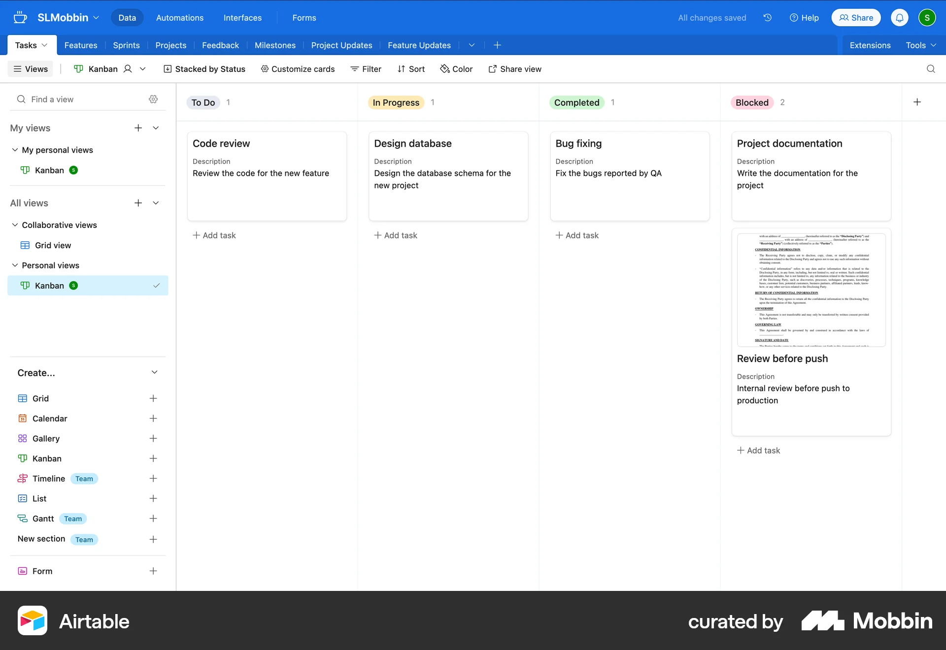 Airtable Web Kanban Board screen