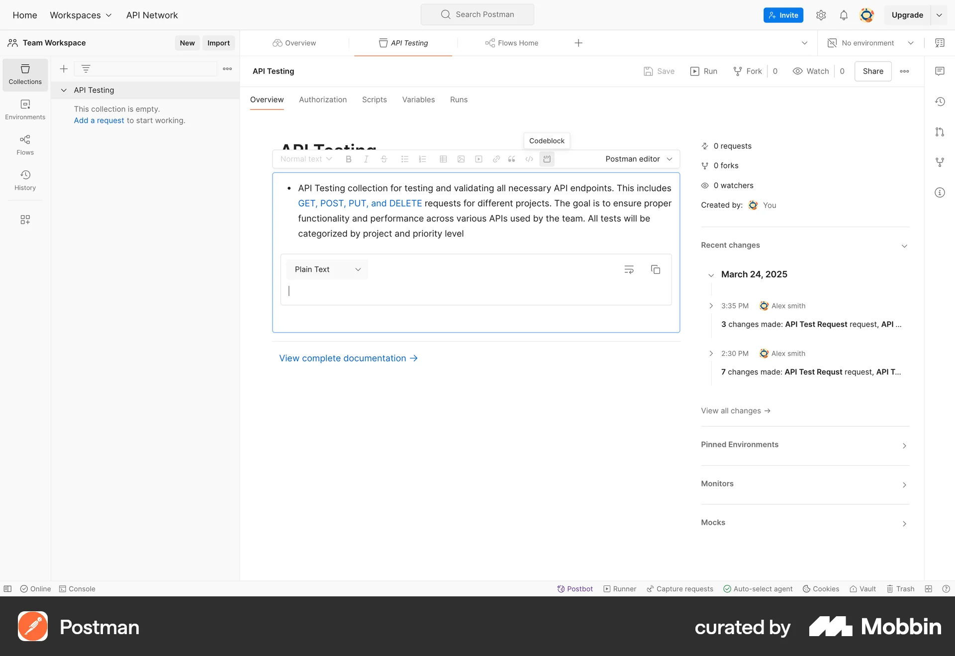Postman Web screen containing Tooltip UI element