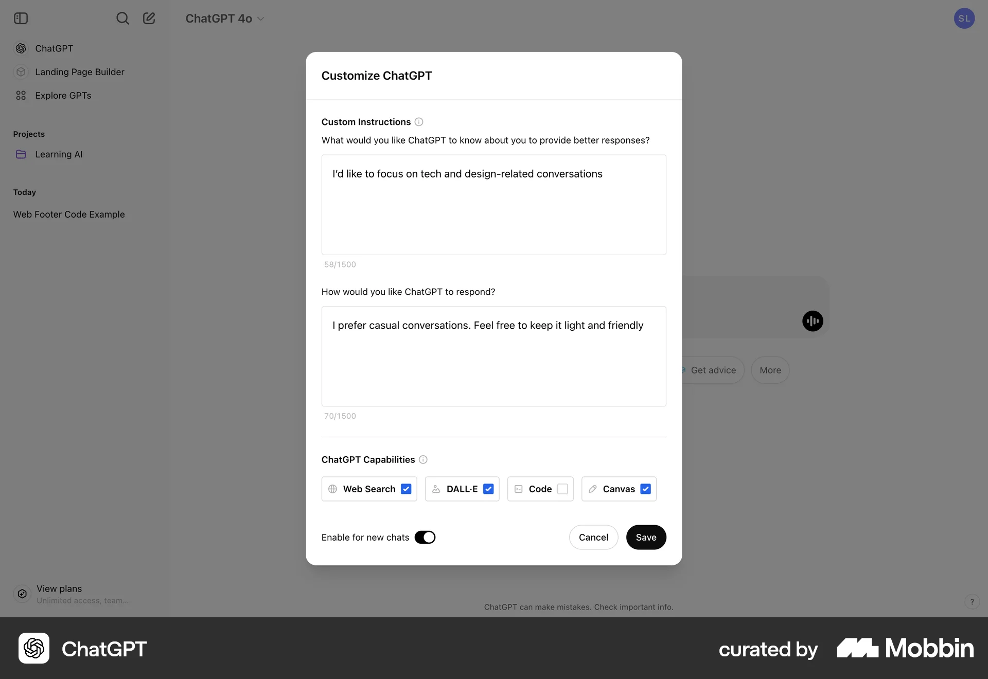 ChatGPT Web screen containing Checkbox UI element