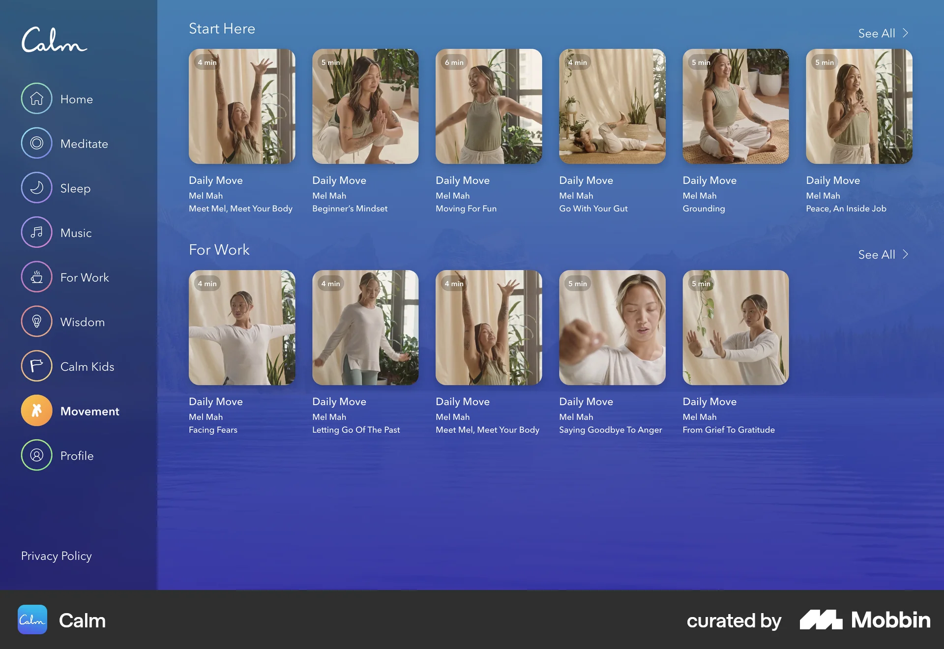 Calm Web Browse & Discover screen