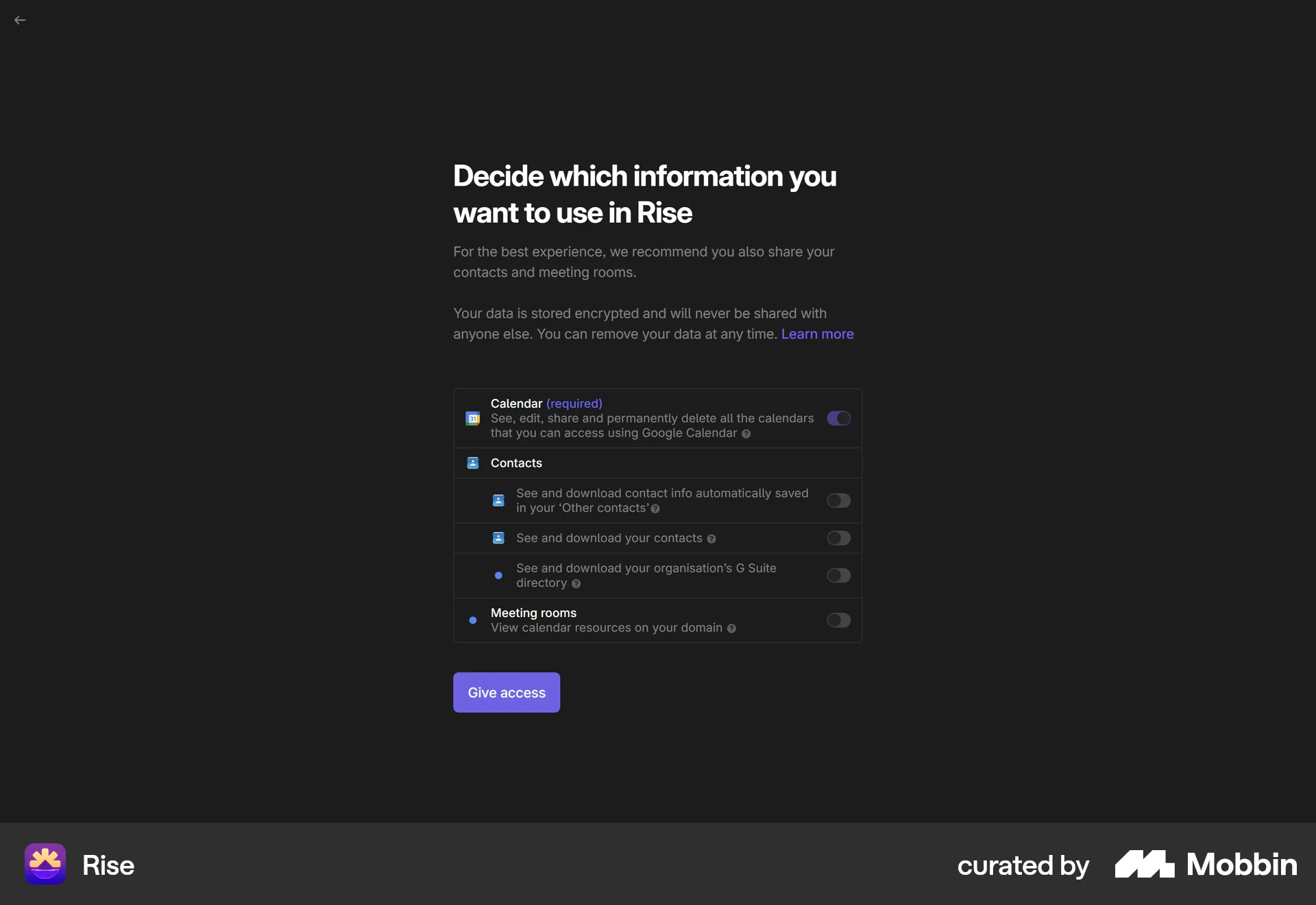 Rise Web Permission screen