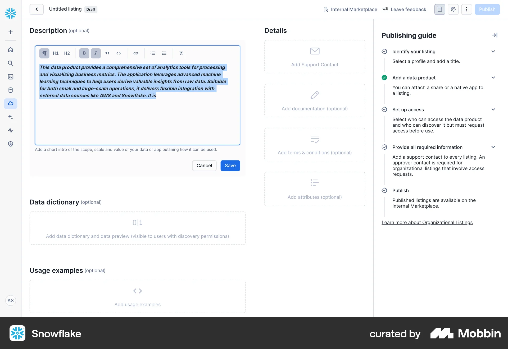 Snowflake Web Edit screen