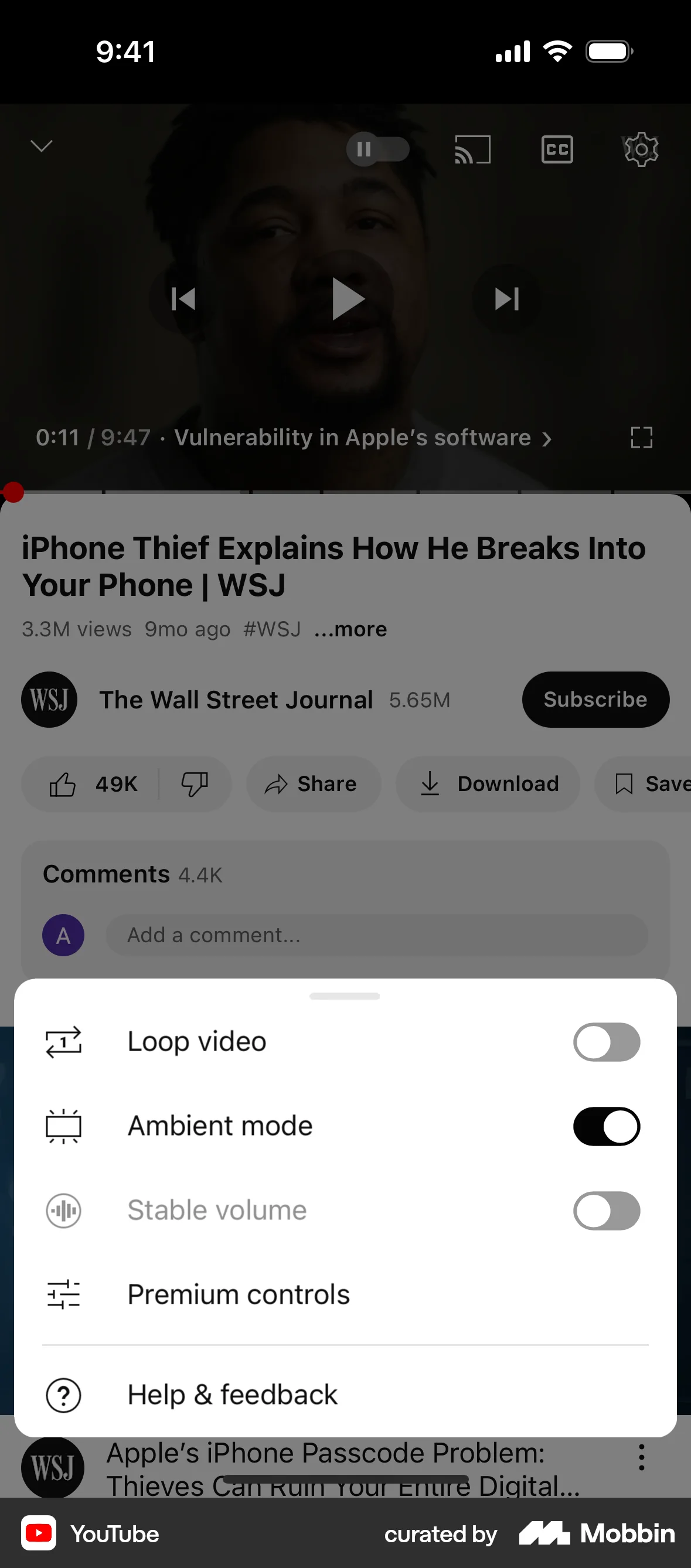 YouTube iOS screen containing Action Sheet UI element