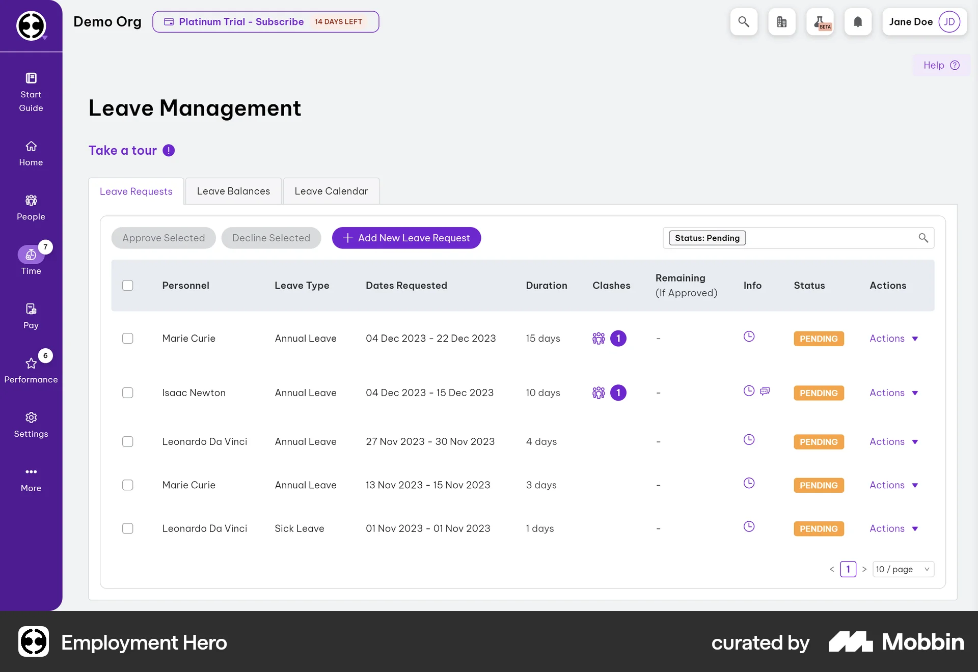 Employment Hero Web screen containing Table UI element