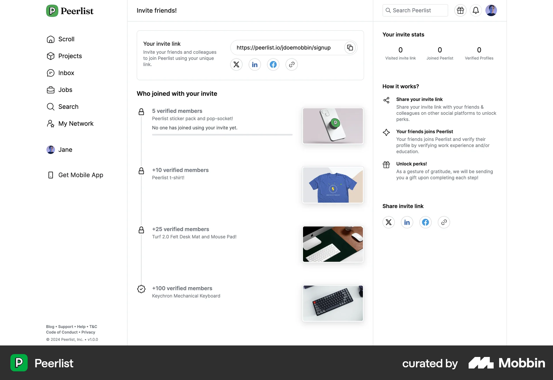 Peerlist Web Invite & Refer Friends screen