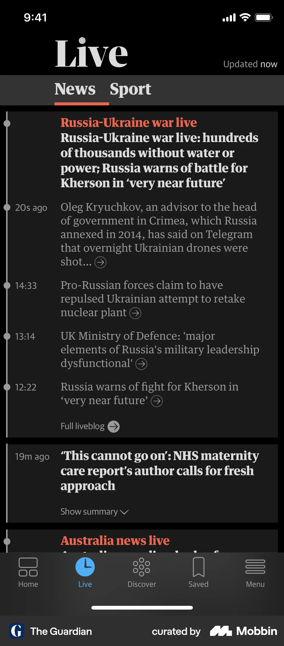 The Guardian iOS News Feed screen