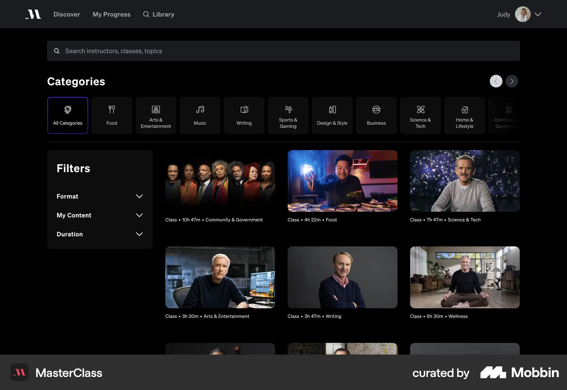 MasterClass Web screen containing Gallery UI element