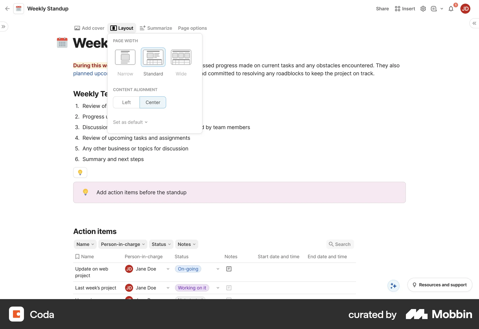 Coda Web screen containing Segmented Control UI element