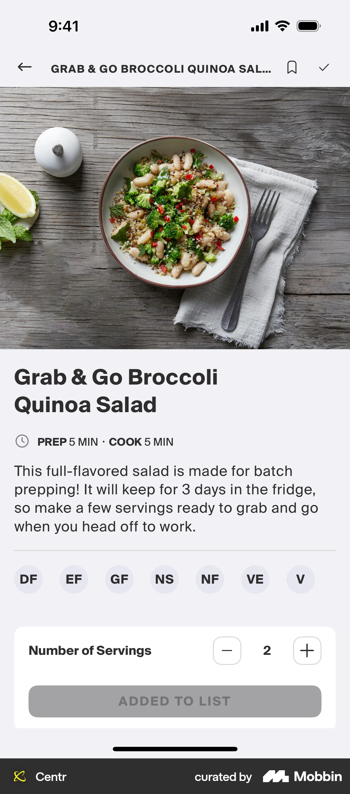 Centr iOS Recipe Detail screen