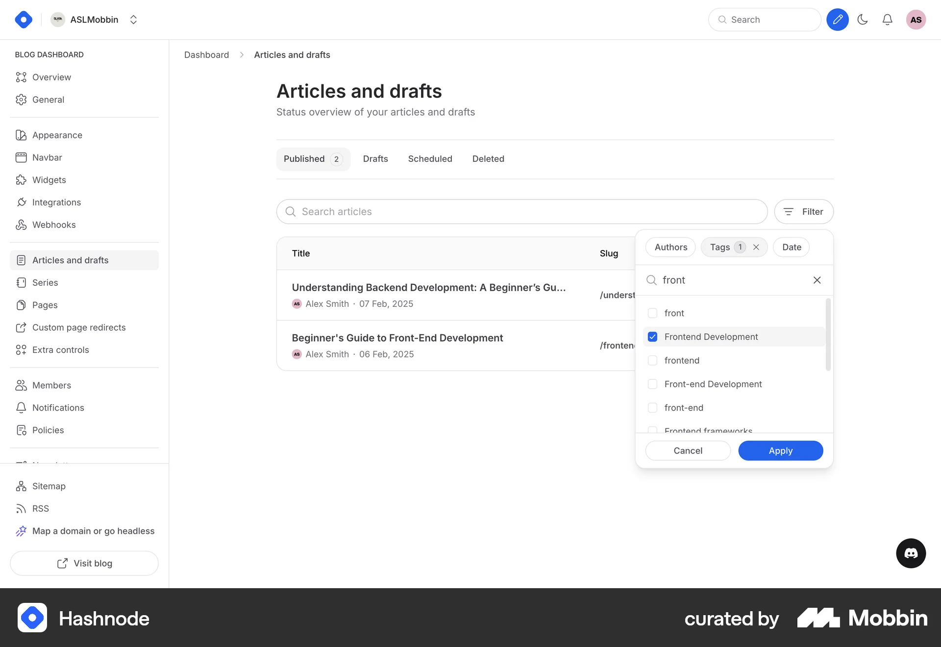 Hashnode Web screen containing Checkbox UI element